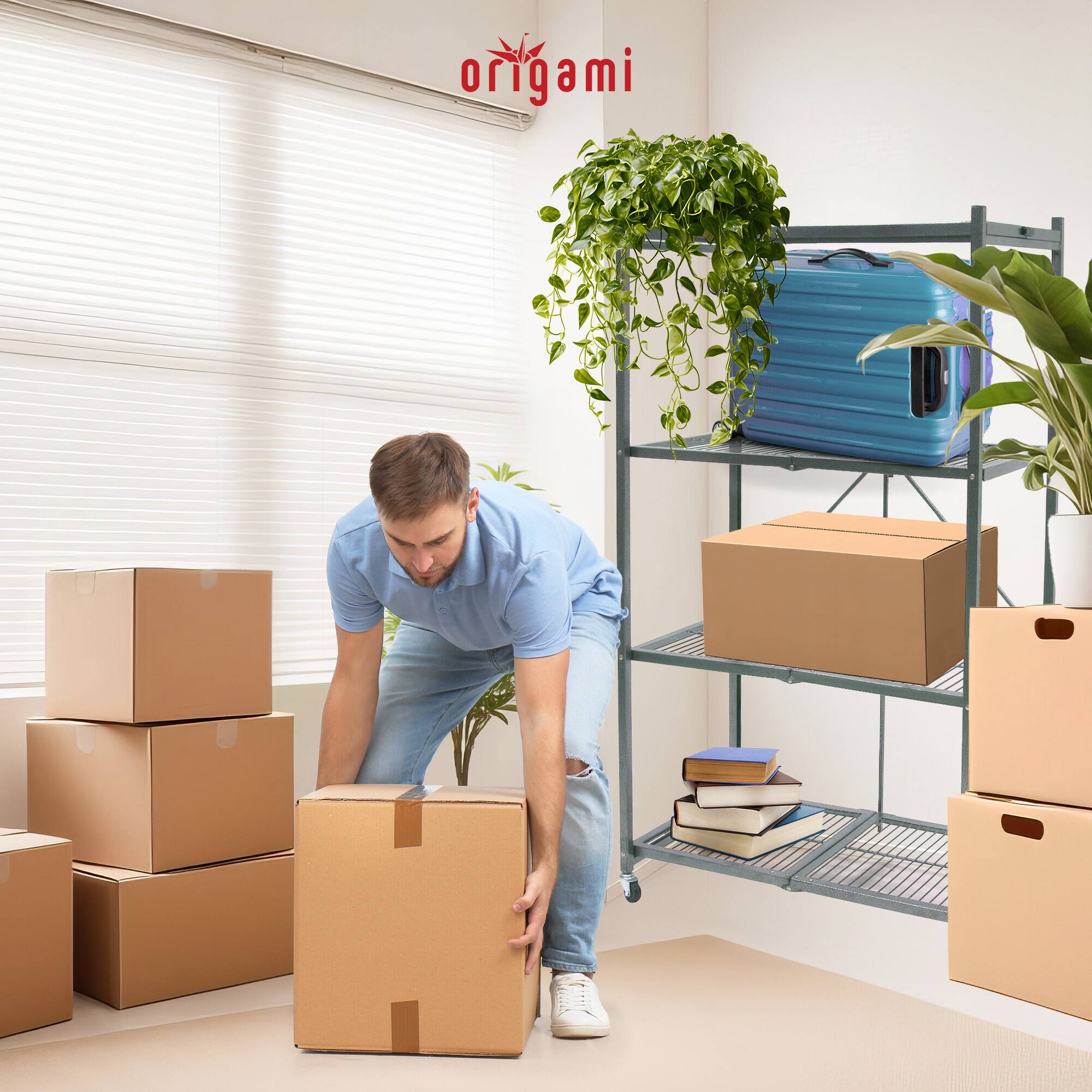 Alt View 3. Origami - Origami 4 Tier Multipurpose Folding Storage Organizing Rack with Wheels, Gray - Pewter.