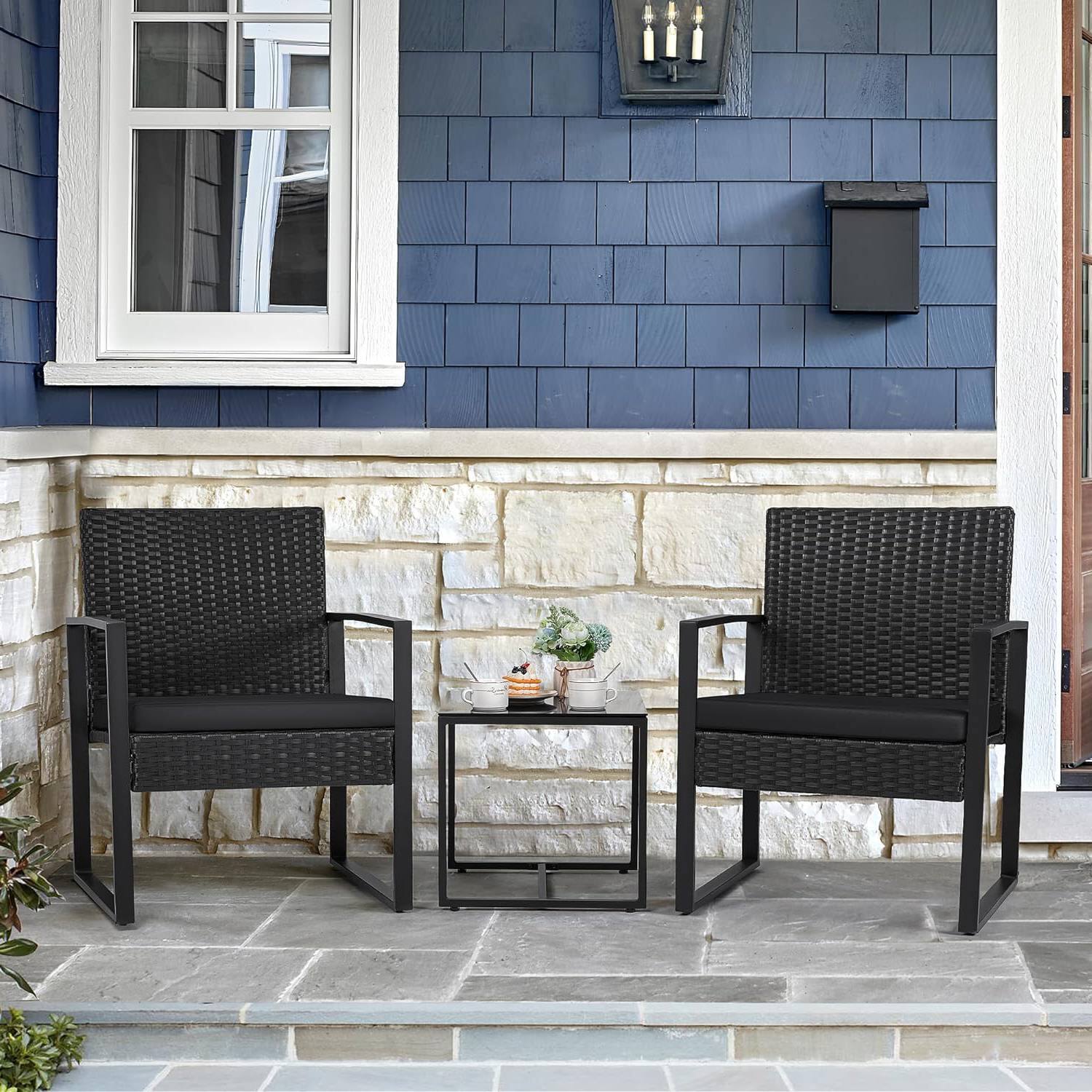 Left. Hivvago - Outdoor 3-Piece Patio Furniture Set with 2 Black Patio Chairs and 1 Side Table - Black.