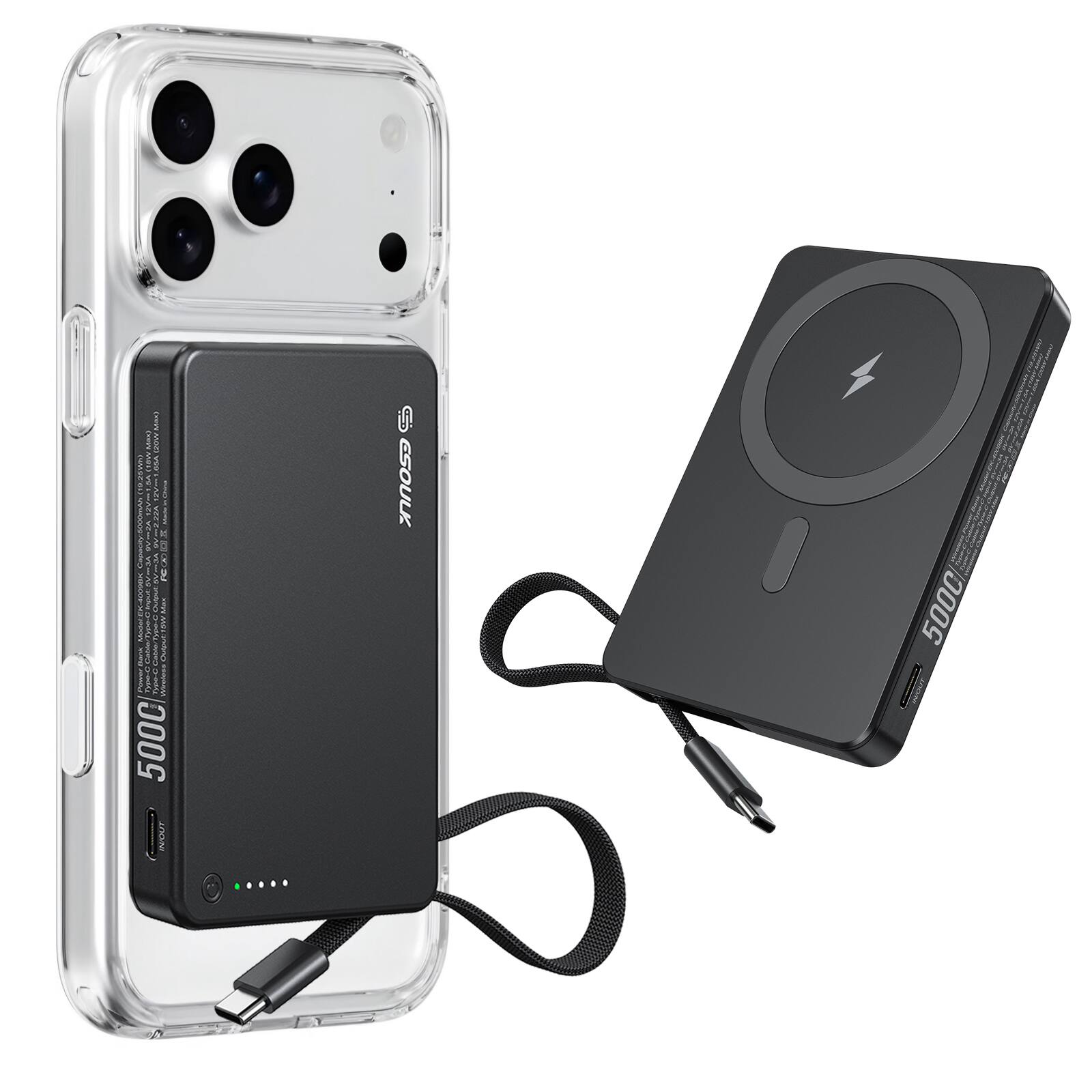 Esoulk - 5000mAh Magsafe Magnetic Wireless Charger for iPhone 17 Pro Max Portable Power Bank With Built-In USB-C Cable - Black