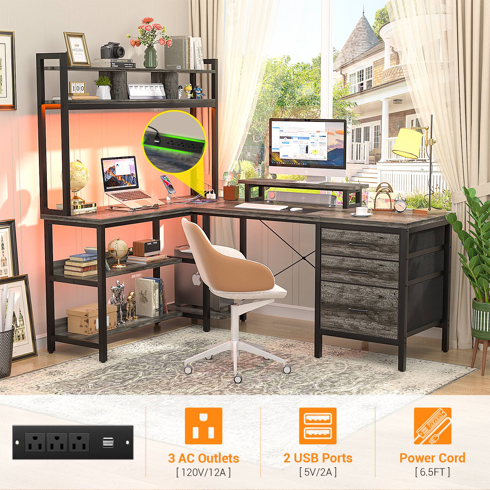 - 3 AC Outlets [120V/12A]
- 2 USB Ports [5V/2A]
- Power Cord [6.5FT]