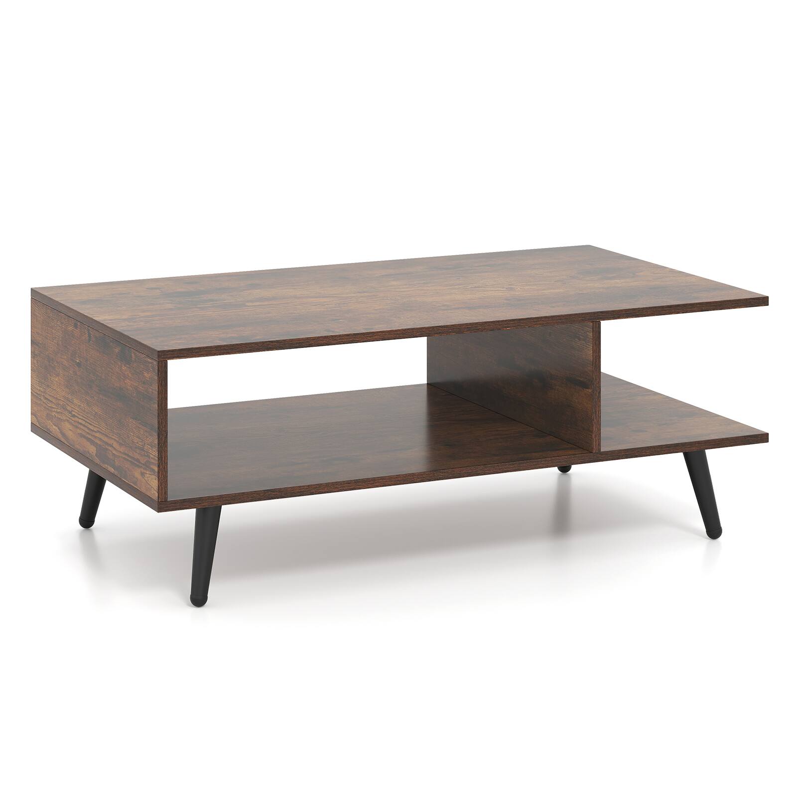 Alt View 9. Gymax - Gymax 2-Tier Coffee Table w/ Compartments & Metal Legs Rectangle Tea Cocktail Table Coffee - Rustic Brown, Black.