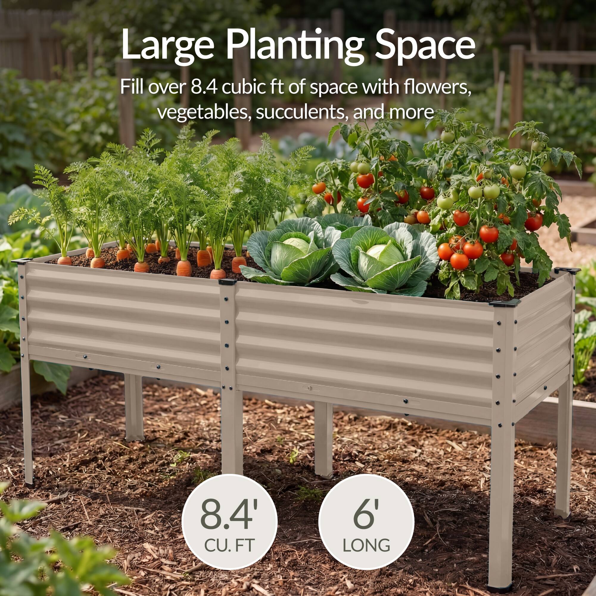 Large Planting Space  
Fill over 8.4 cubic ft of space with flowers, vegetables, succulents, and more  

8.4' CU. FT  
6' LONG