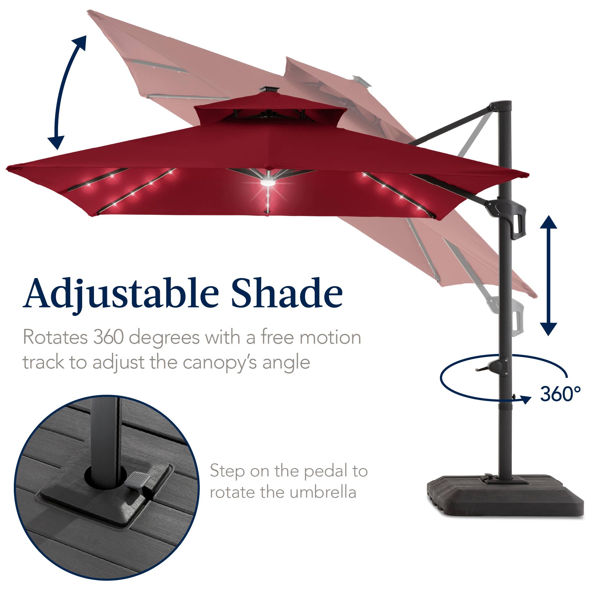 Adjustable Shade  
Rotates 360 degrees with a free motion track to adjust the canopy's angle  
Step on the pedal to rotate the umbrella