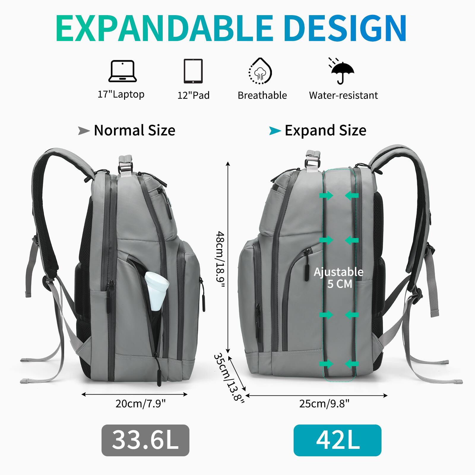 EXPANDABLE DESIGN

17" Laptop  
12" Pad  
Breathable  
Water-resistant  

Normal Size  
48cm/18.9"  
20cm/7.9"  
35cm/13.8"  
25cm/9.8"  
33.6L  

Expand Size  
Ajustable 5 CM  
42L