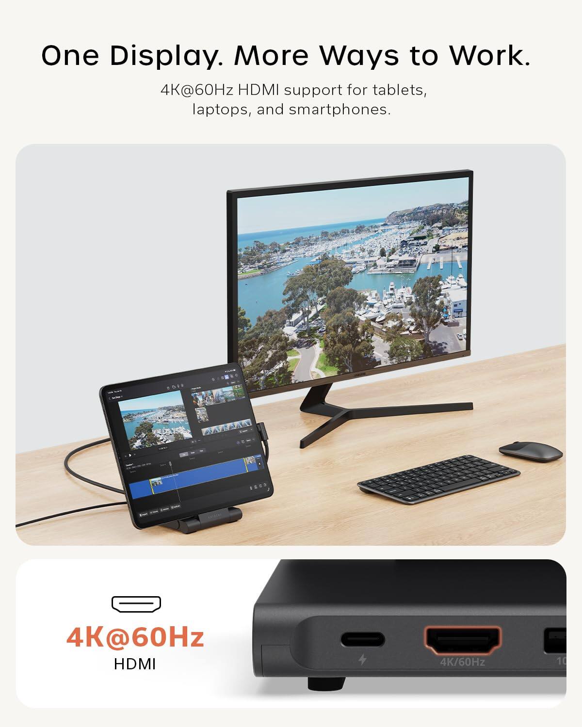 One Display. More Ways to Work.  
4K@60Hz HDMI support for tablets, laptops, and smartphones.  
4K@60Hz HDMI  
4K/60Hz