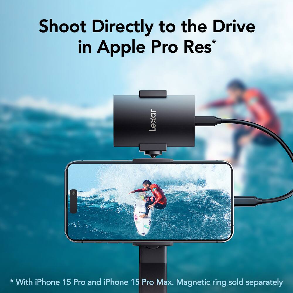 Shoot Directly to the Drive in Apple Pro Res*  
Lexar  
*With iPhone 15 Pro and iPhone 15 Pro Max. Magnetic ring sold separately