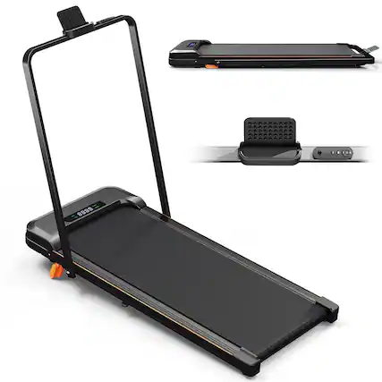 Front. KERDOM - 4 in 1 Climbing Treadmill with Handrail Handle Bar & Phone Holder, 15° Incline, 7.6MPH Speed, Low Noise Home Running Pad - Black.