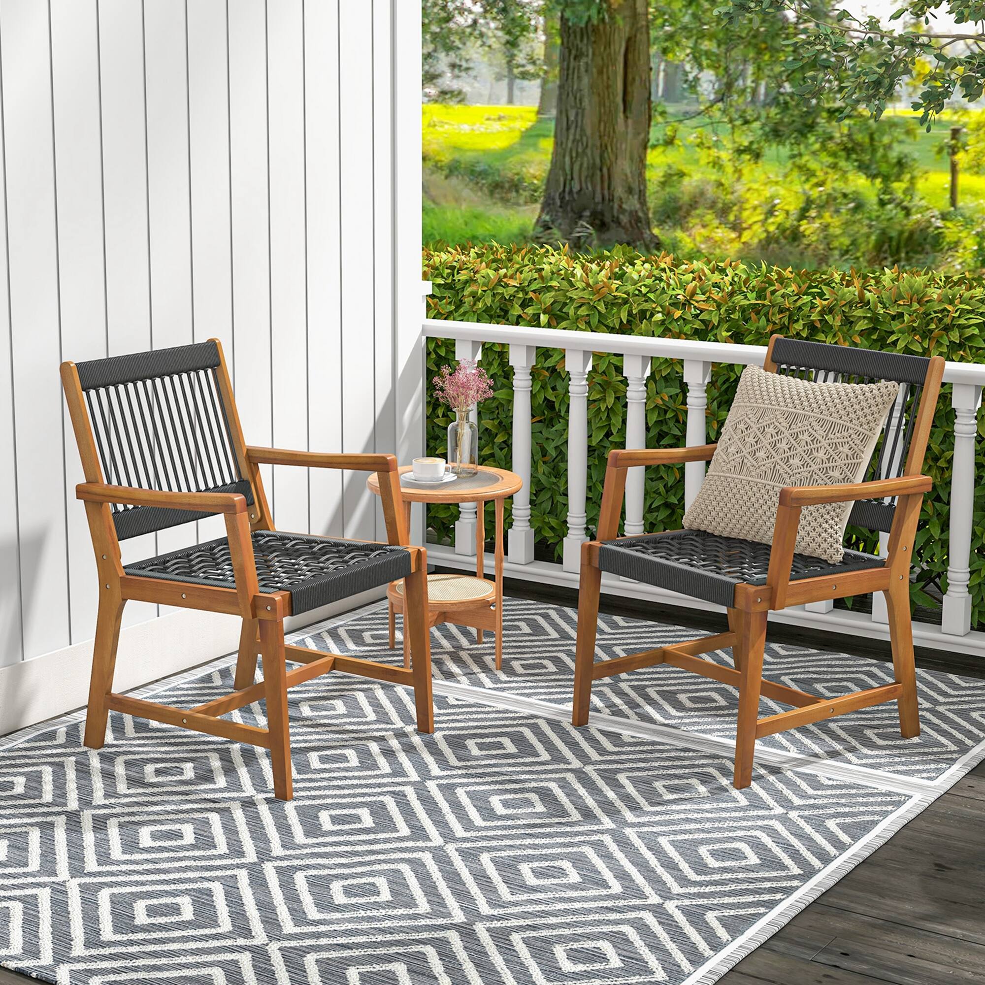 Alt View 3. Costway - Costway Patio 2pcs Acacia Wood Dining Chairs All-Weather Rope Woven Armchairs Outdoor - Black,Natural.