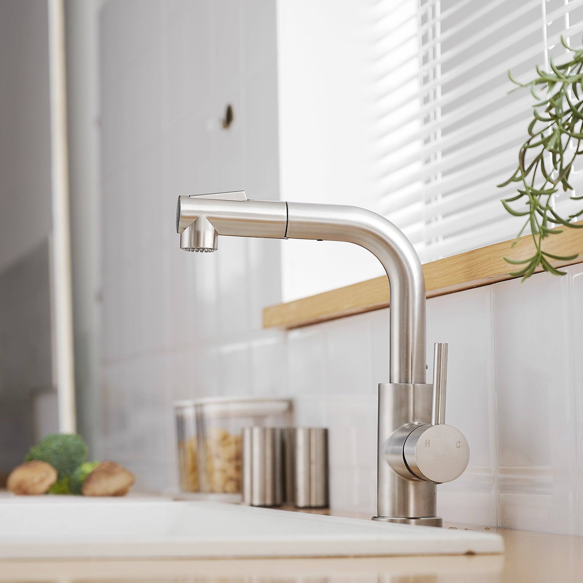 Alt View 9. Boyel Living - Brushed Nickel 2 Spray Patterns Stainless Steel Pull Out Kitchen Faucet with Water Supply Hoses - Brushed Nickel.