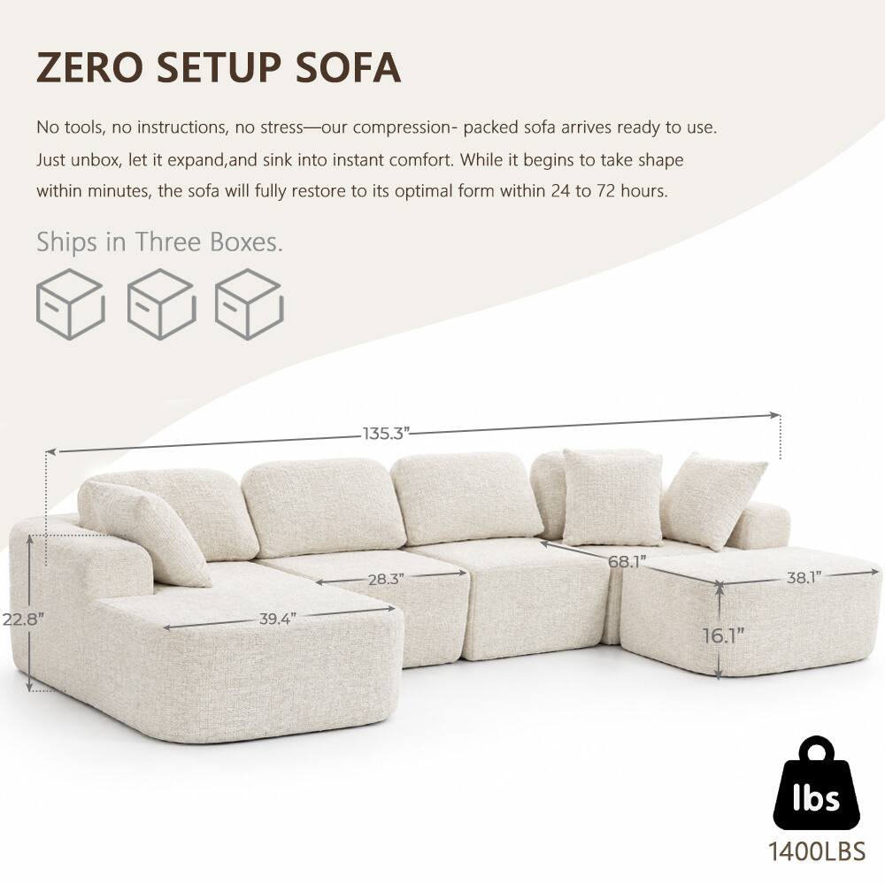 ZERO SETUP SOFA

No tools, no instructions, no stress—our compression-packed sofa arrives ready to use. Just unbox, let it expand, and sink into instant comfort. While it begins to take shape within minutes, the sofa will fully restore to its optimal form within 24 to 72 hours.

Ships in Three Boxes.

135.3"  
28.3"  
68.1"  
38.1"  
22.8"  
39.4"  
16.1"  

1400LBS