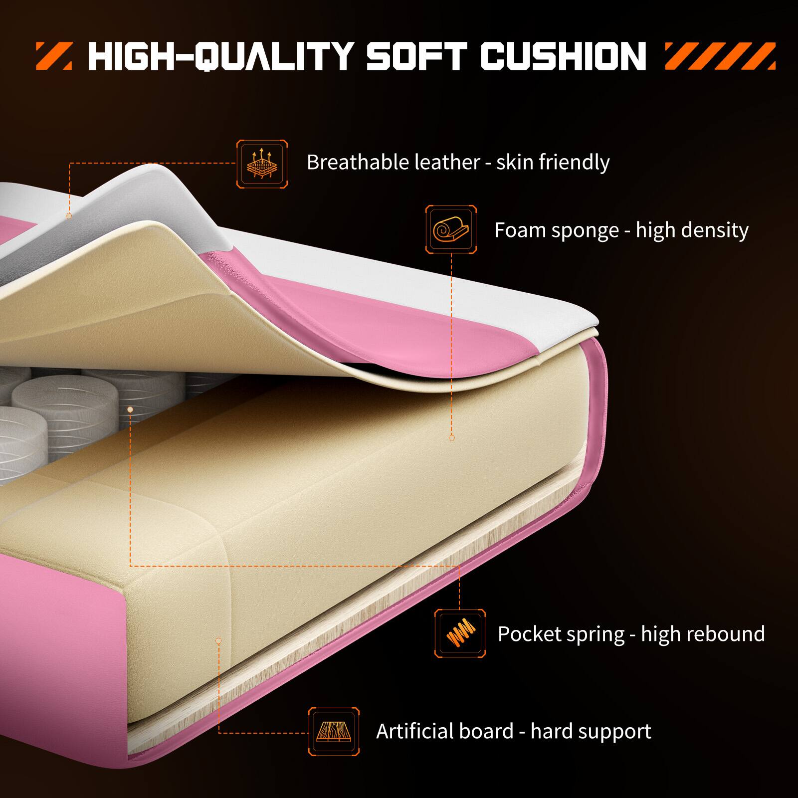 HIGH-QUALITY SOFT CUSHION

- Breathable leather - skin friendly
- Foam sponge - high density
- Pocket spring - high rebound
- Artificial board - hard support