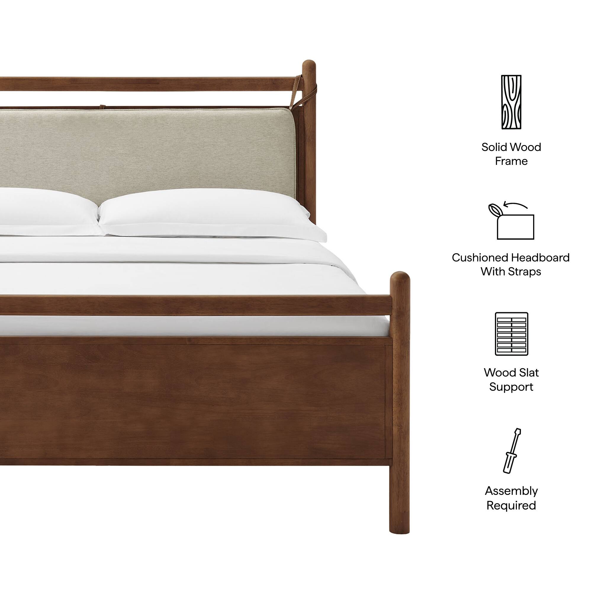 Solid Wood Frame Cushioned Headboard With Straps Wood Slat Support Assembly Required