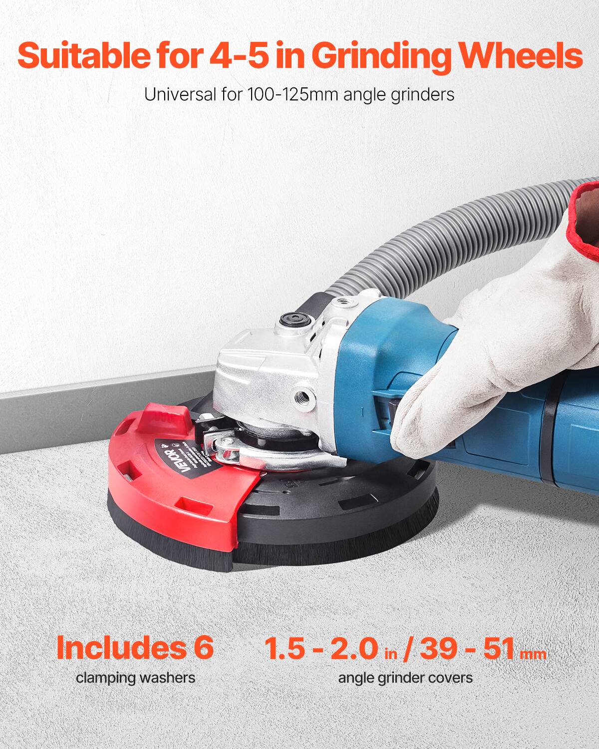 Suitable for 4-5 in Grinding Wheels  
Universal for 100-125mm angle grinders  

Includes 6 clamping washers  

1.5 - 2.0 in / 39 - 51 mm angle grinder covers