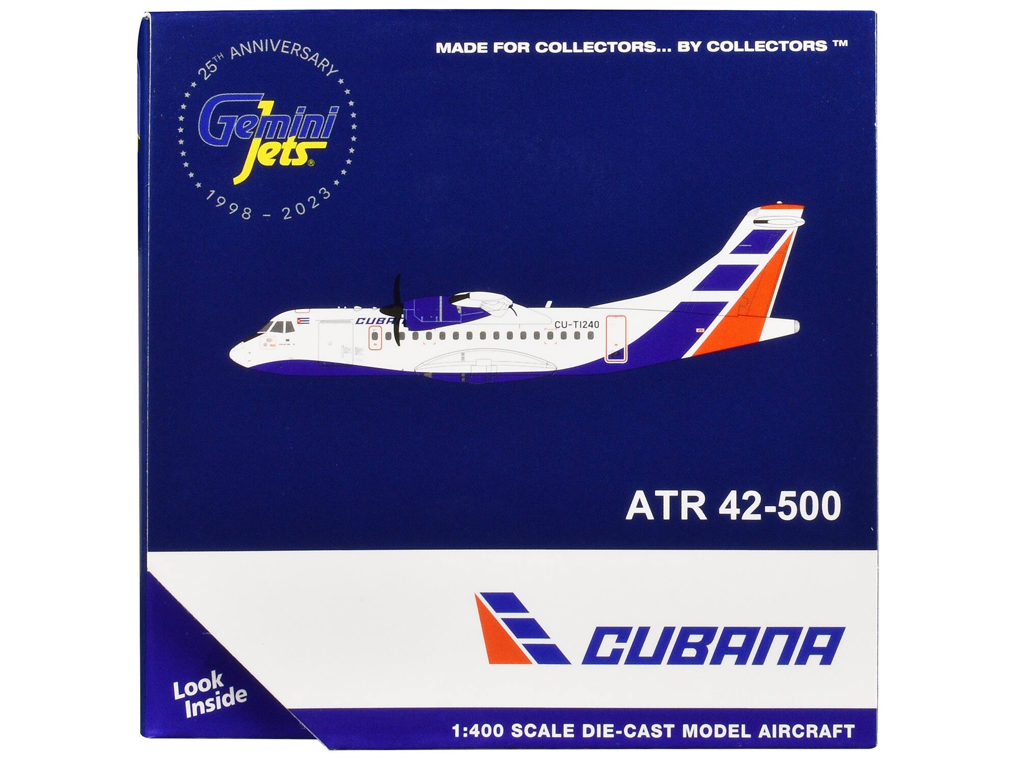 25th Anniversary  
Gemini Jets  
1998 - 2023  

MADE FOR COLLECTORS... BY COLLECTORS™  

ATR 42-500  
CUBANA  

1:400 SCALE DIE-CAST MODEL AIRCRAFT  

Look Inside