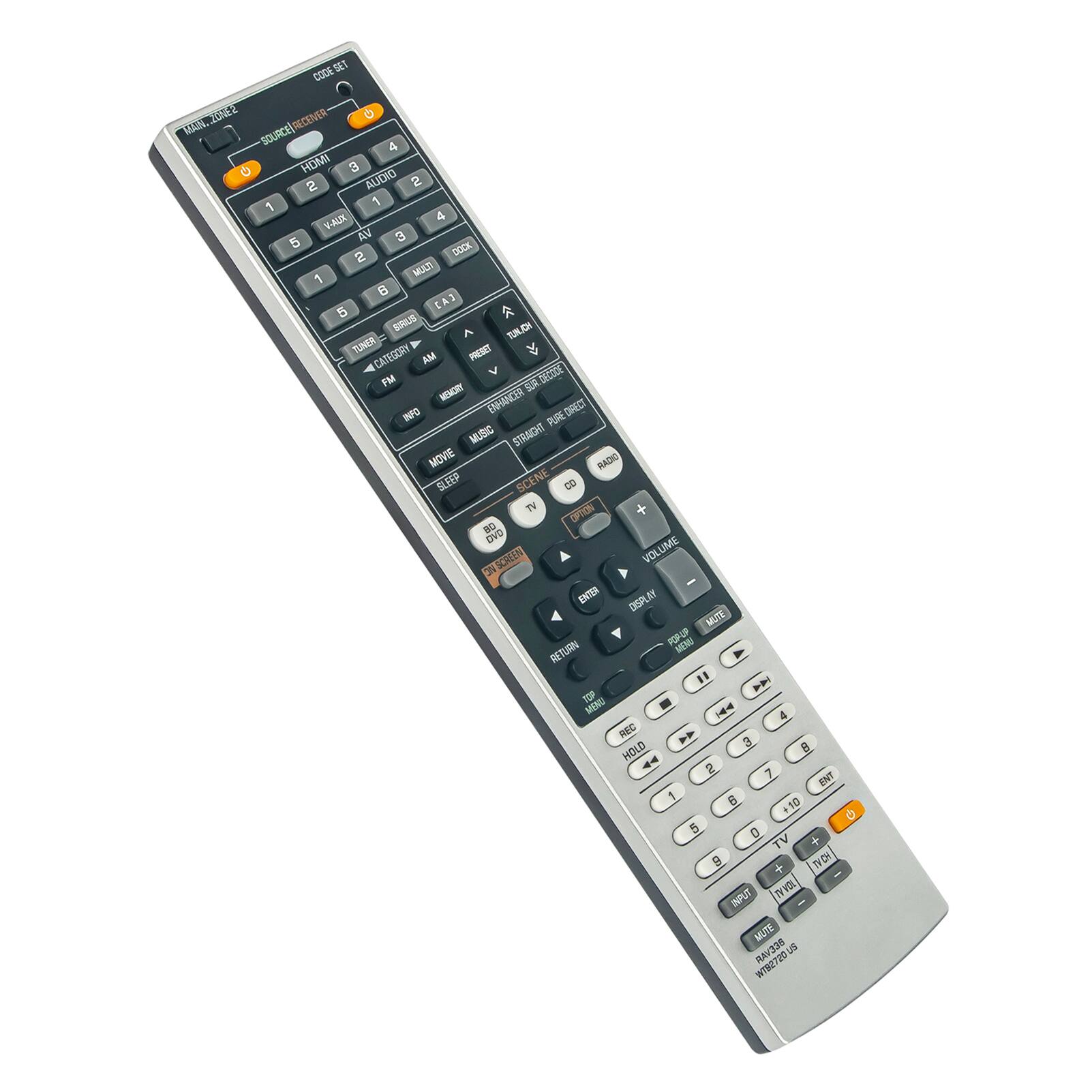 Sure, here is the corrected and grouped text from the image:

---

**Top Section:**
- CODE: SET
- TV/LOTE: 22
- SOURCE RECEIVER

**Buttons:**
- HOMI 1
- HOMI 2
- HOMI 3
- HOMI 4
- AUDIO 1
- AUDIO 2
- AUDIO 3
- AUDIO 4
- V-AUX 1
- V-AUX 2
- V-AUX 3
- V-AUX 4
- DOCK
- MULTI
- B
- EA
- BIRUS
- TUNER
- PESCT
- CATEGORY
- AM
- FM
- SLA
- MEMORY
- ENHANCER
- INFO
- DIRECT
- PURE MUSIC
- STRAIGHT
- MOVIE
- SLEEP
- SCENE
- TV
- DATIN
- NO
- DVO
- SCRIEN
- VOLUME
- VOL
- ENTEN
- DISPLAY
- WLTE
- MENU
- RETURN
- TOP MENU
- REC
- HOLD
- 44
- 2
- 7
- ENT
- 1
- +10
- 0
- 5
- D TV
- +9
- TDI
- NVS
- I
- FOL
- INPUT
- MUTE
- RCVAR

**Bottom Section:**
- TV
- VOLUME
- MUTE
- RETURN
- MENU
- INFO
- DIRECT
- PURE MUSIC
- STRAIGHT
- MOVIE
- SLEEP
- SCENE
- TV
- DATIN
- NO
- DVO
- SCRIEN
- VOLUME
- VOL
- ENTEN
- DISPLAY
- WLTE
- MENU
- RETURN
- TOP MENU
- REC
- HOLD
- 44
- 2
- 7
- ENT
- 1
- +10
- 0
- 5
- D TV
- +9
- TDI
- NVS
- I
- FOL
- INPUT
- MUTE
- RCVAR

**Additional:**
- AUDIO RECEIVER
- MADE IN CHINA
- MODEL: WR0702/5U

