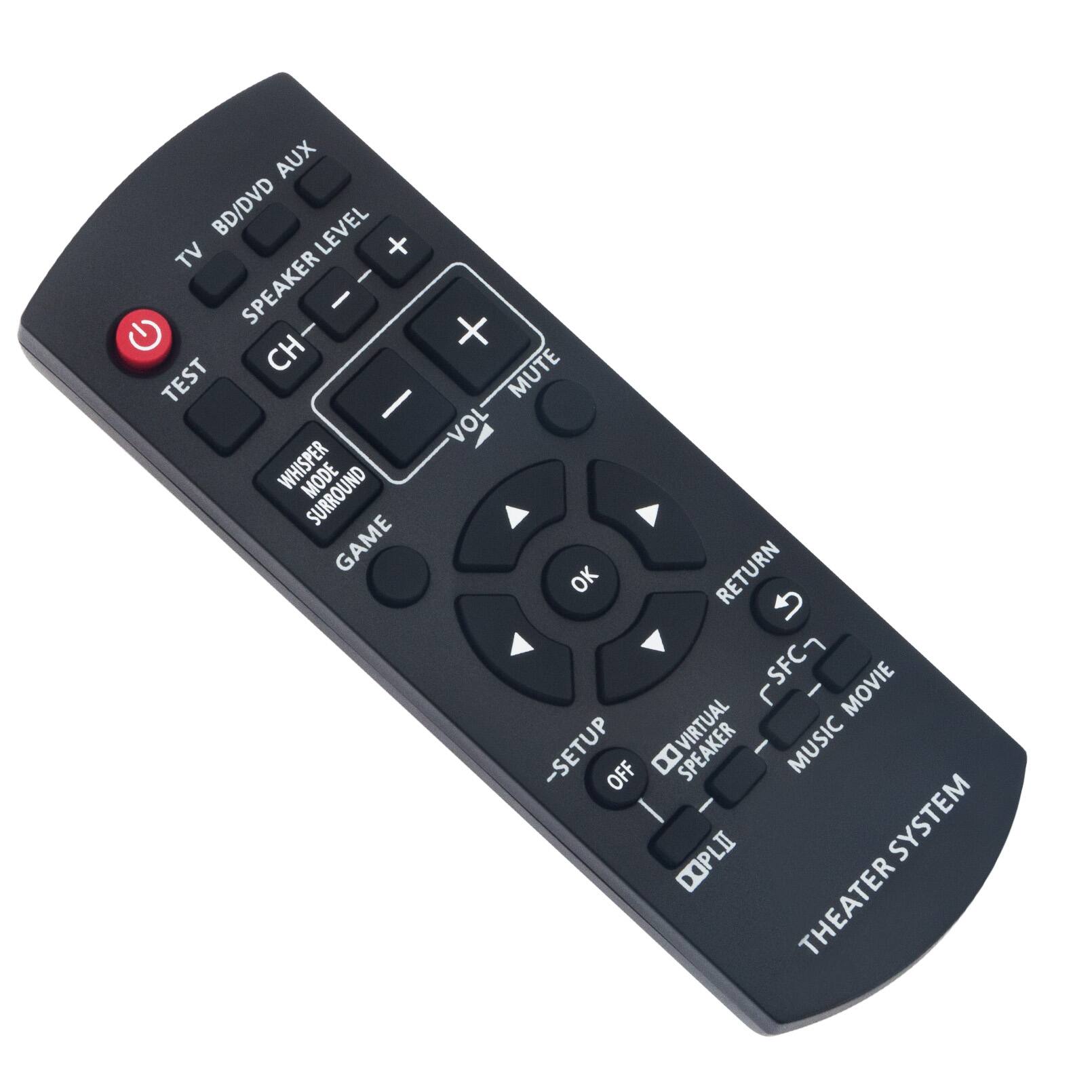 AUX BD/DVD LEVEL TV + I SPEAKER I CH TEST I WHISPER MODE SURROUND GAME + MUTE VOL OK RETURN SFC I MOVIE -SETUP OFF SPEAKER MUSIC - I DOPLII SYSTEM THEATER