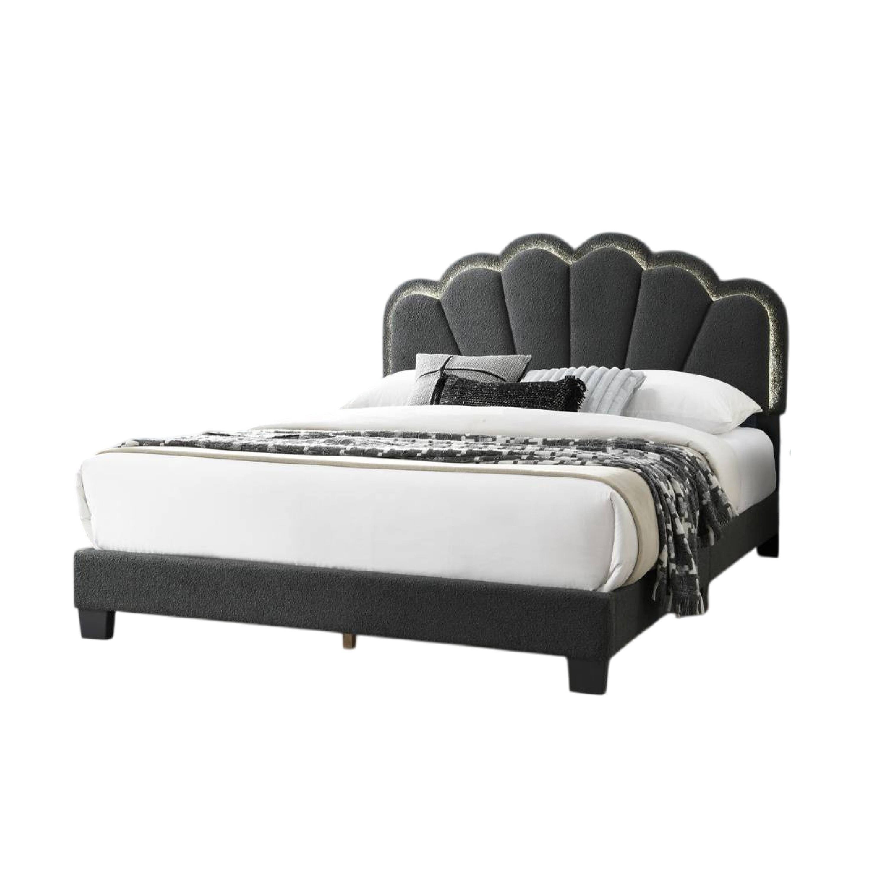 Front. Manhattan Lane - Geny Queen Size Bed, Charcoal Gray Wool Upholstery and LED, Glam Arch - Charcoal Gray, Black.