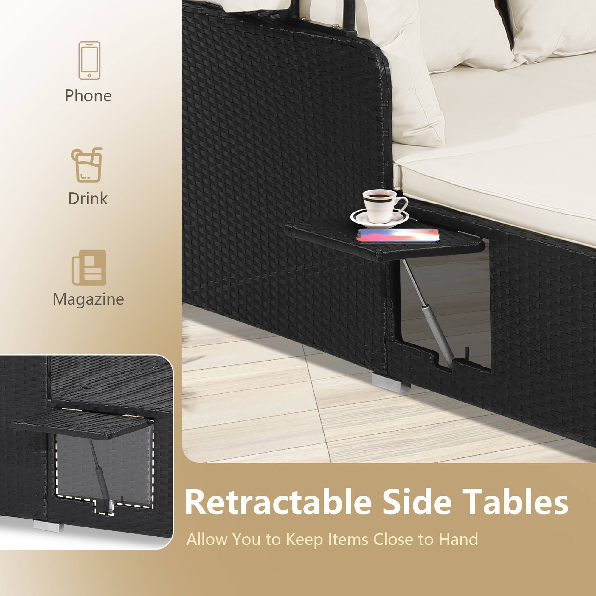 Phone  
Drink  
Magazine  

Retractable Side Tables  
Allow You to Keep Items Close to Hand