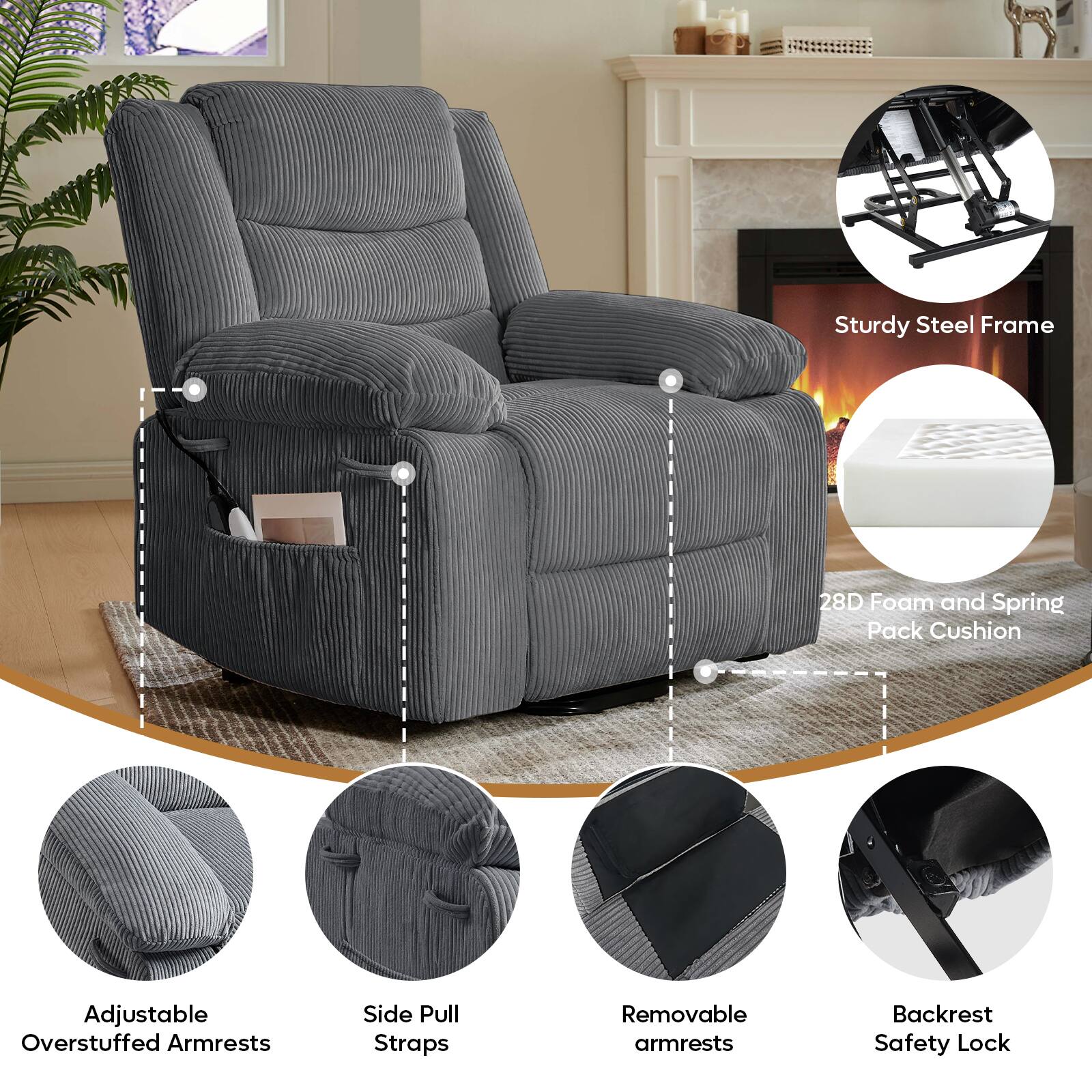 Sturdy Steel Frame, 28D Foam and Spring Pack Cushion, Adjustable Overstuffed Armrests, Side Pull Straps, Removable Armrests, Backrest, Safety Lock.