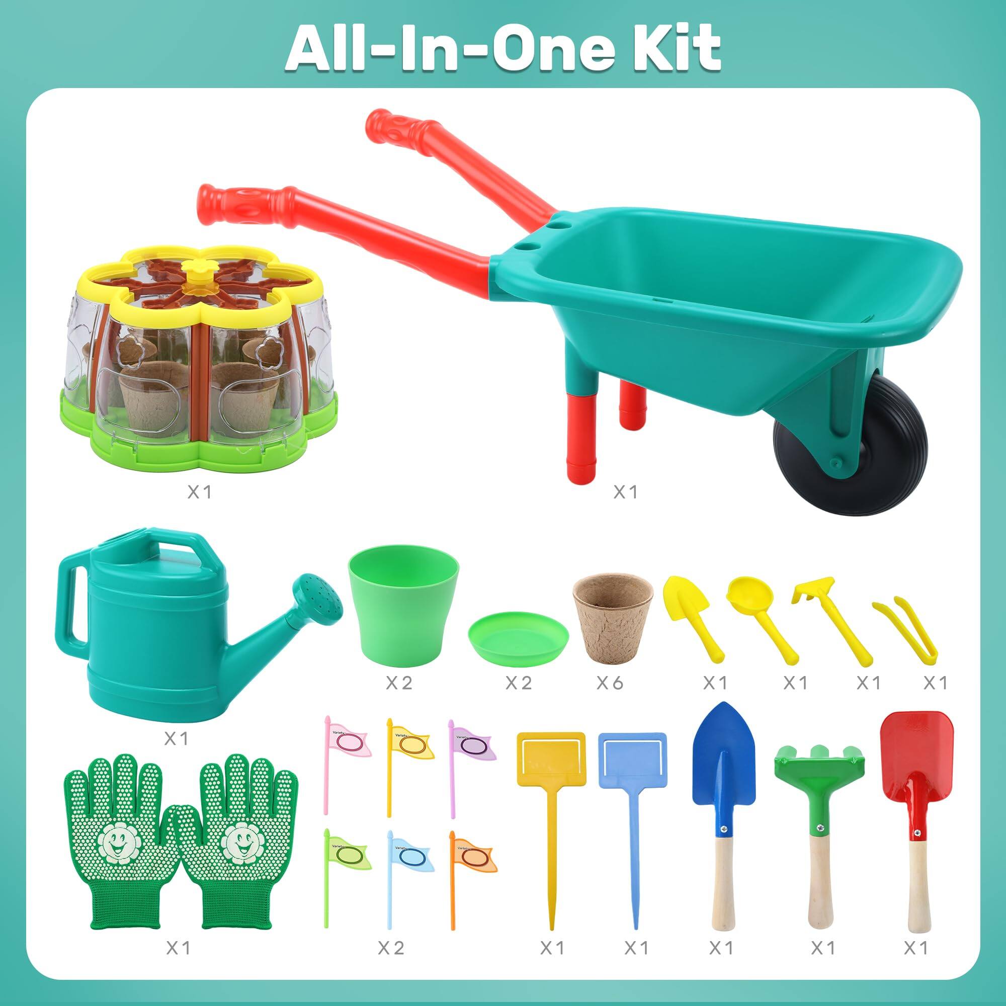 CUTE STONE Kids Gardening Set with Wheelbarrow for Plant Growing Kit ...