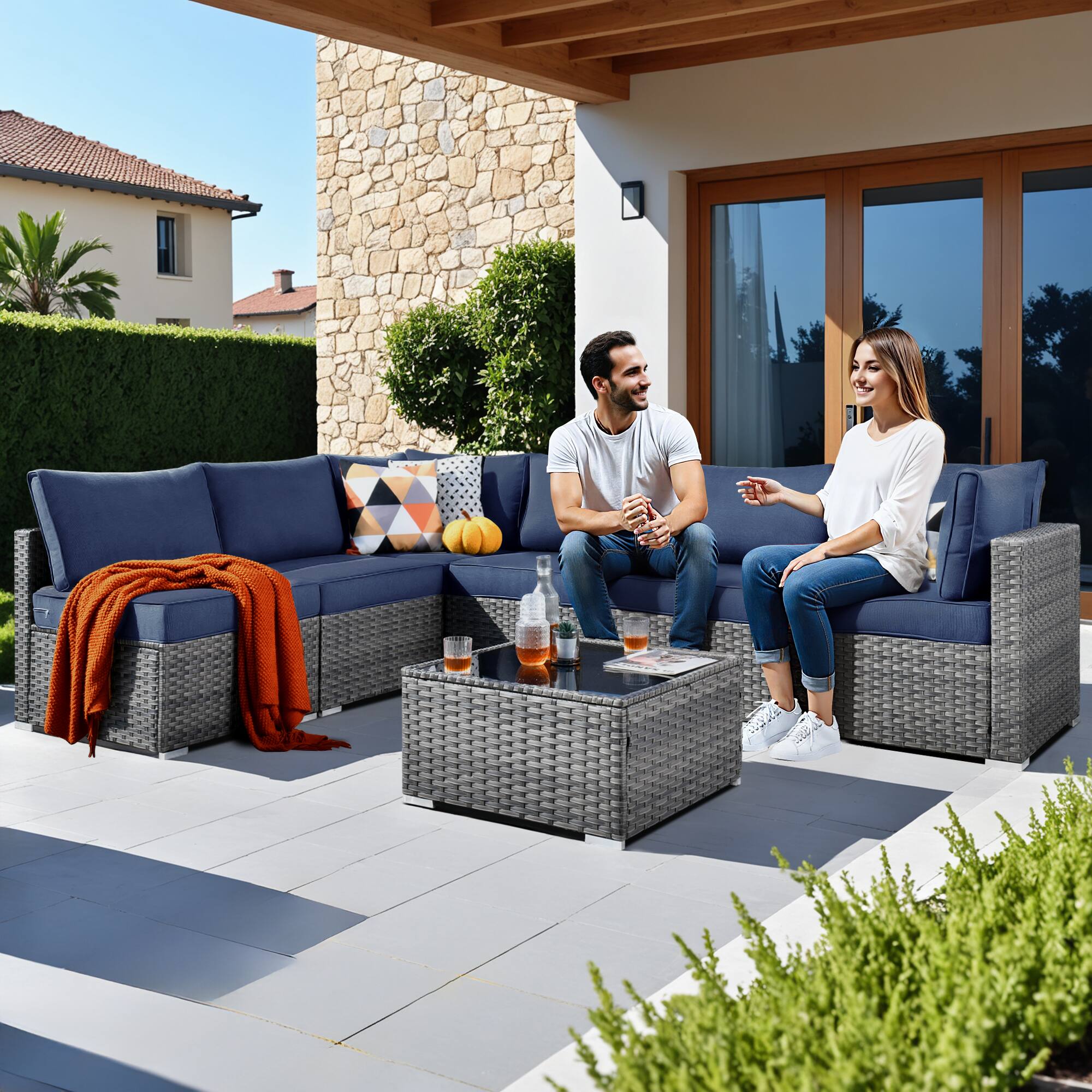 Alt View 2. Ovios - 7 PCS Patio Furniture Outdoor Sofa Sets with Wicker, Cushions and Coffee Table for Garden, Backyard and Balcony - Denim Blue.