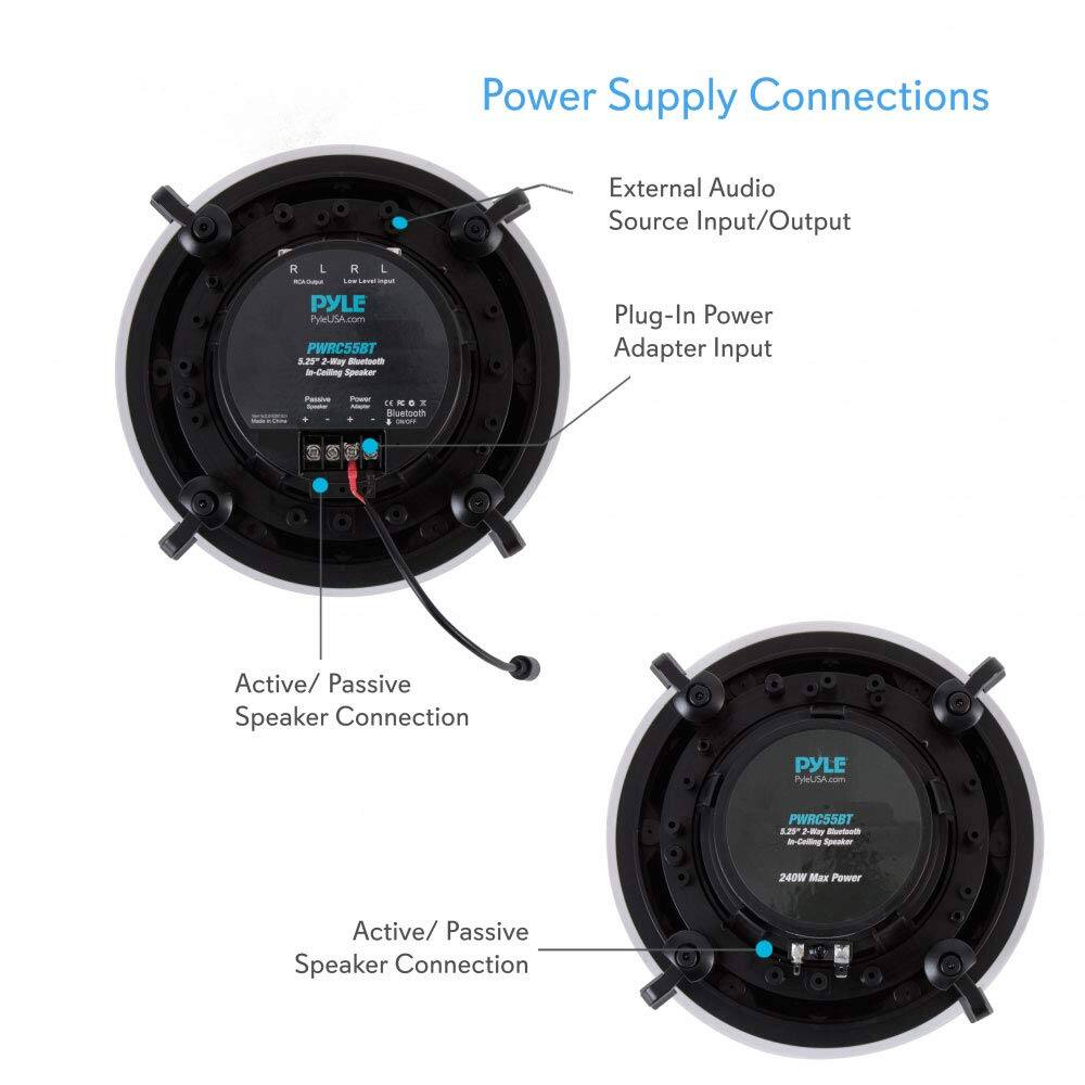Power Supply Connections

- External Audio Source Input/Output
- Plug-In Power Adapter Input
- Active/ Passive Speaker Connection
- Active/ Passive Speaker Connection

PYLE PyleUSA.com PWRCS58T  
8.28" 2-8ay Buofooth - Coliting Speaker  
Plug-In Power Adapter Input  
Passa - NM d1 . Bluetouth .  
Active/ Passive Speaker Connection  

PYLE PyleUSA.com PWRCS58T  
13F" -8w - ithingt-c Speaker  
240W Max Power  
Active/ Passive Speaker Connection