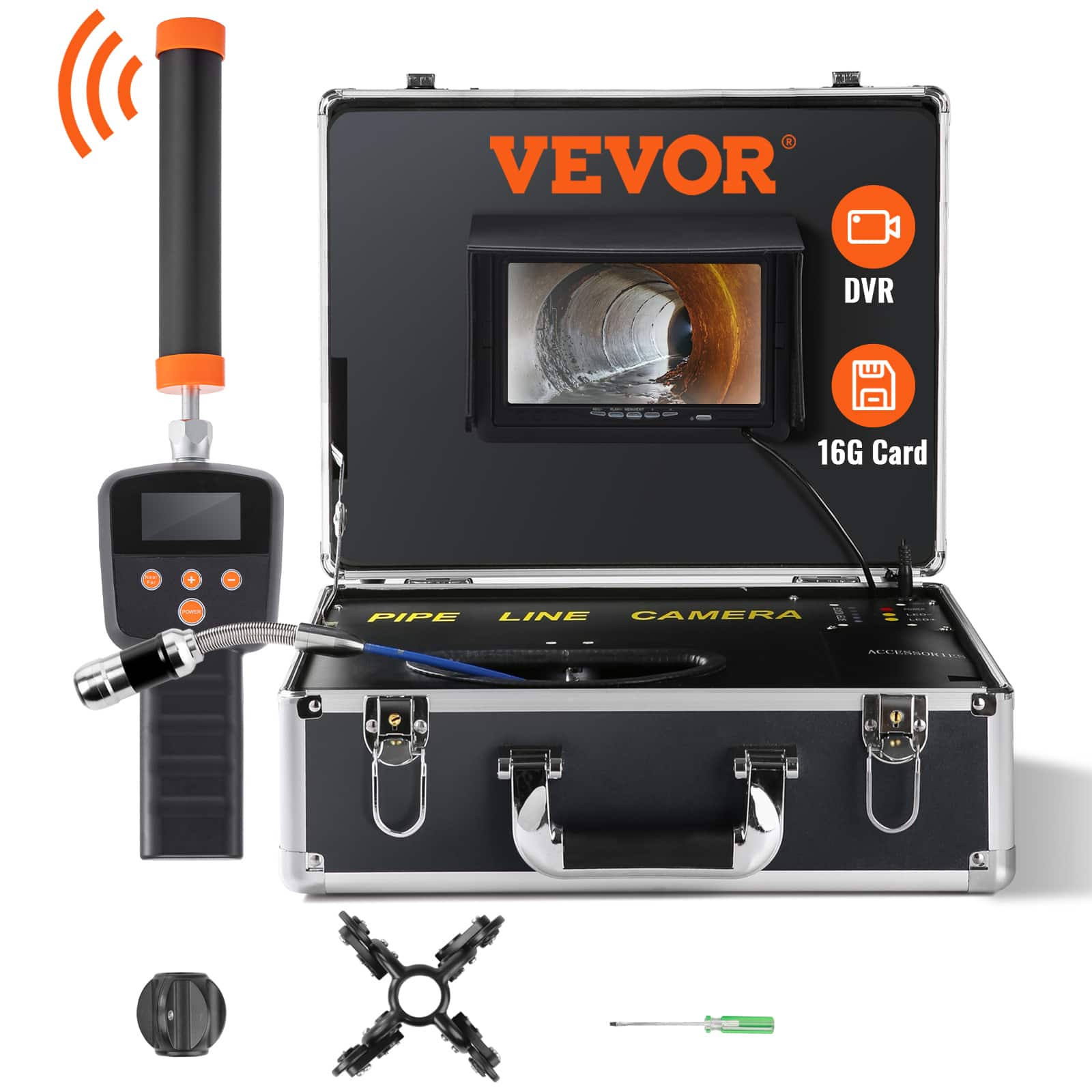 VEVOR - Sewer Camera with 512Hz Locator, 131 ft/40 m, 7" Pipeline Inspection Camera with DVR Function, IP68 Camera - Yellow;Black