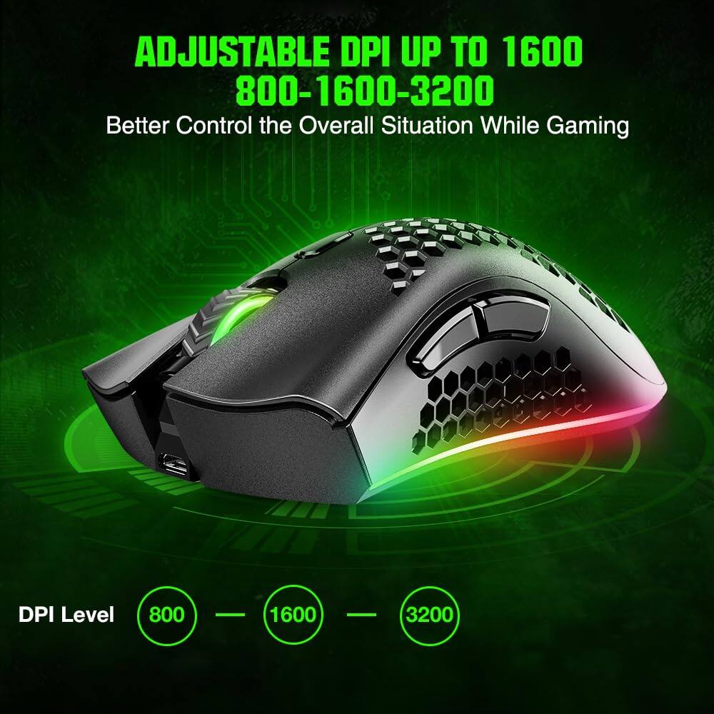 ADJUSTABLE DPI UP TO 1600  
800-1600-3200  
Better Control the Overall Situation While Gaming  

DPI Level  
800 — 1600 — 3200