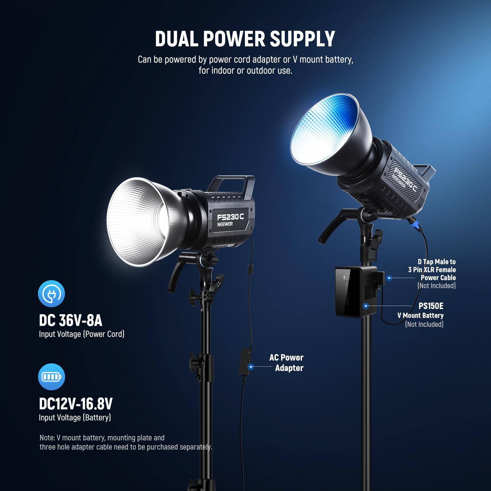 DUAL POWER SUPPLY  
Can be powered by power cord adapter or V mount battery, for indoor or outdoor use.  

FS230C  
NEEWER  
ODES2Y  

DC 36V-8A Input Voltage (Power Cord)  
AC Power Adapter  
DC12V-16.8V Input Voltage (Battery)  

Note: V mount battery, mounting plate and three hole adapter cable need to be purchased separately.  

D Tap Male to 3 Pin XLR Female Power Cable Not Included  
PS150E V Mount Battery Not Included
