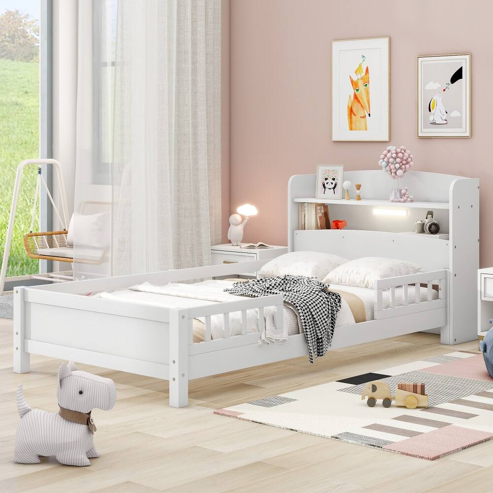 Left. Loheer - Loheer Twin Size Platform Bed, Wood Twin Bed with Built-in LED Light, Storage Headboard and Guardrail, White - White.