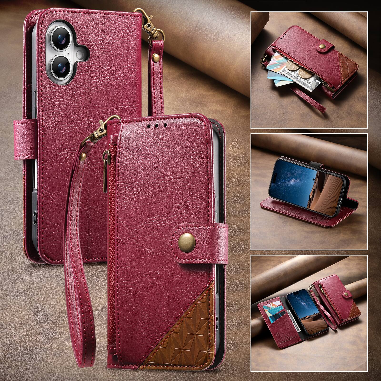 Angle. Dteck - For Apple iPhone 17 Wallet Case Business Shockproof PU Leather Flip Kickstand Zipper Card Pocket Cover+Strap - Red.