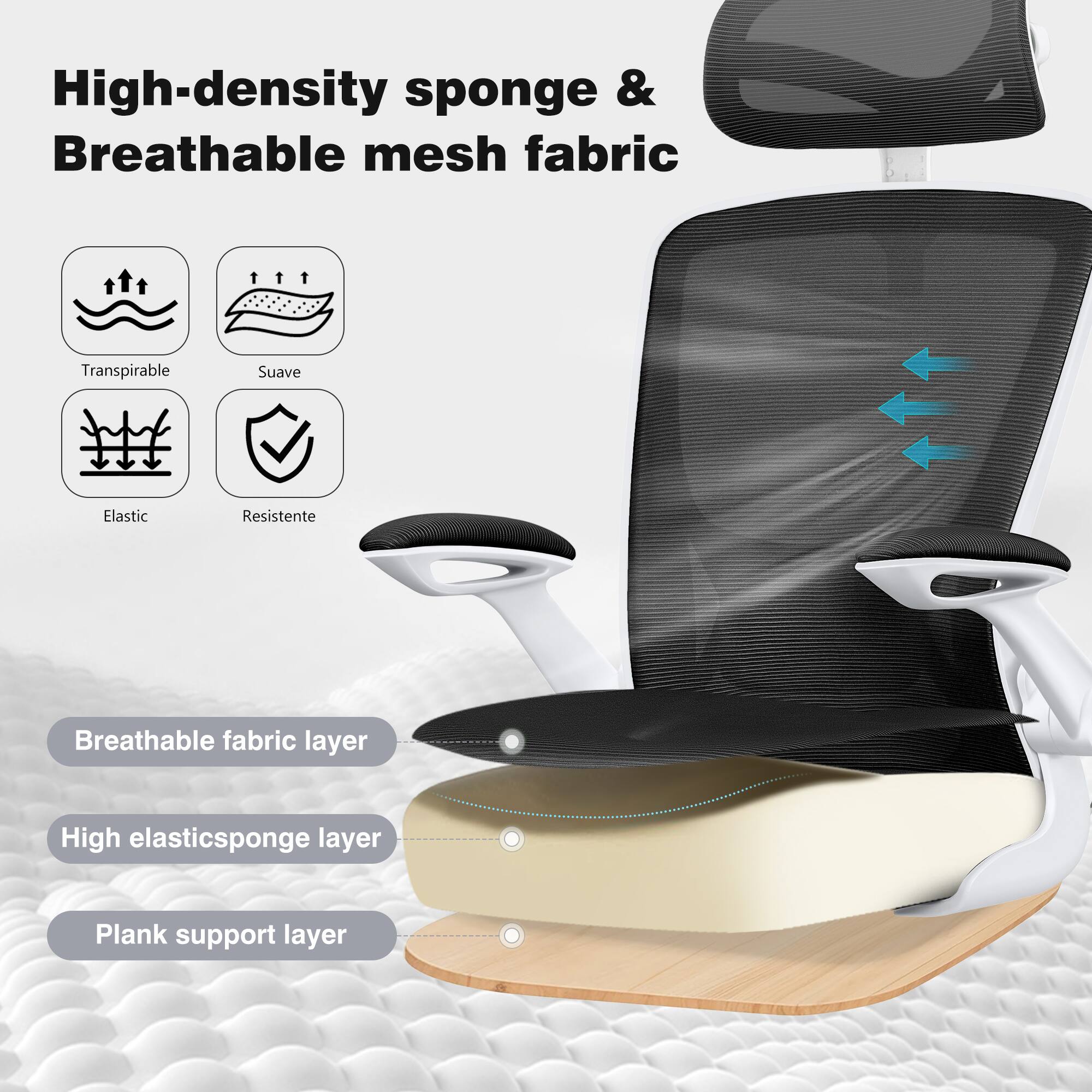 High-density sponge & Breathable mesh fabric

- Transpirable
- Suave
- Elastic
- Resistente

Breathable fabric layer
High elasticsponge layer
Plank support layer