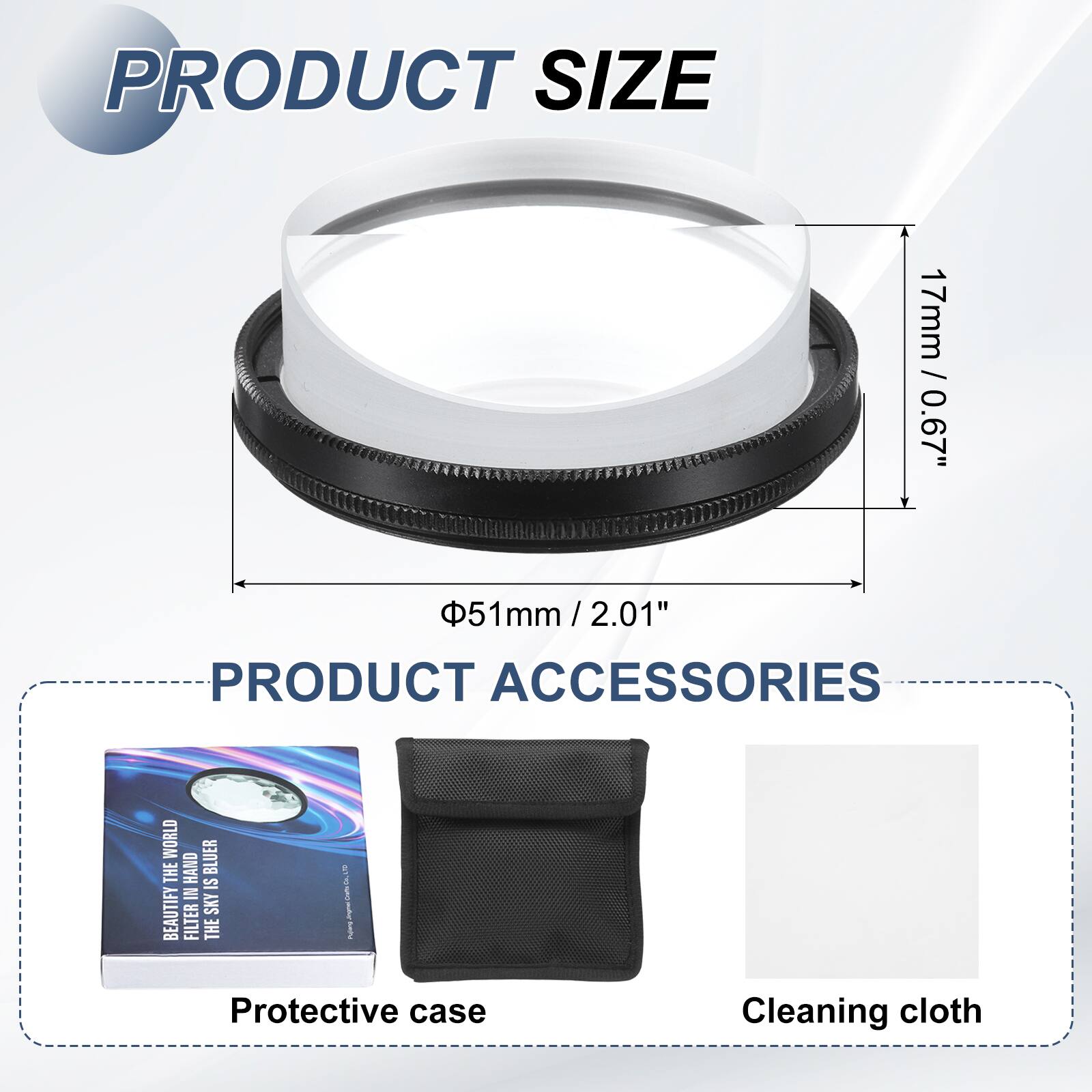 PRODUCT SIZE  
17mm / 0.67"  
51mm / 2.01"  

PRODUCT ACCESSORIES  
- Protective case  
- Cleaning cloth