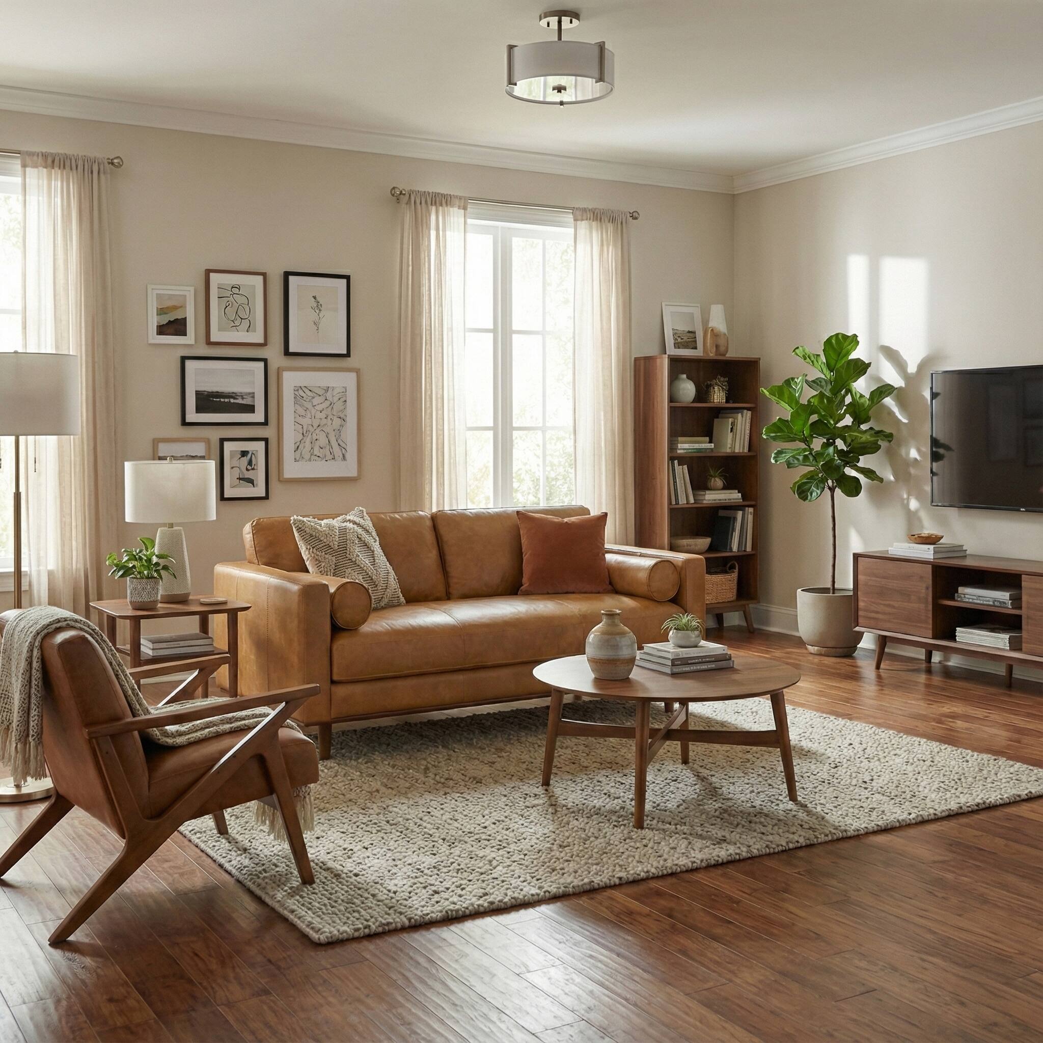 Angle. Simpli Home - Morrison 72 inch Wide Mid-Century Modern Sofa in Sienna Top Grain Genuine Leather - Sienna.