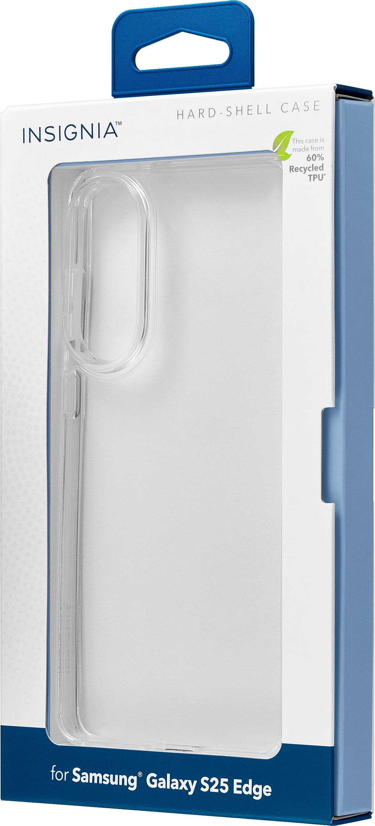 This case is made from 60% recycled TPU for Samsung Galaxy S25 Edge. It is a hard-shell case by Insignia.