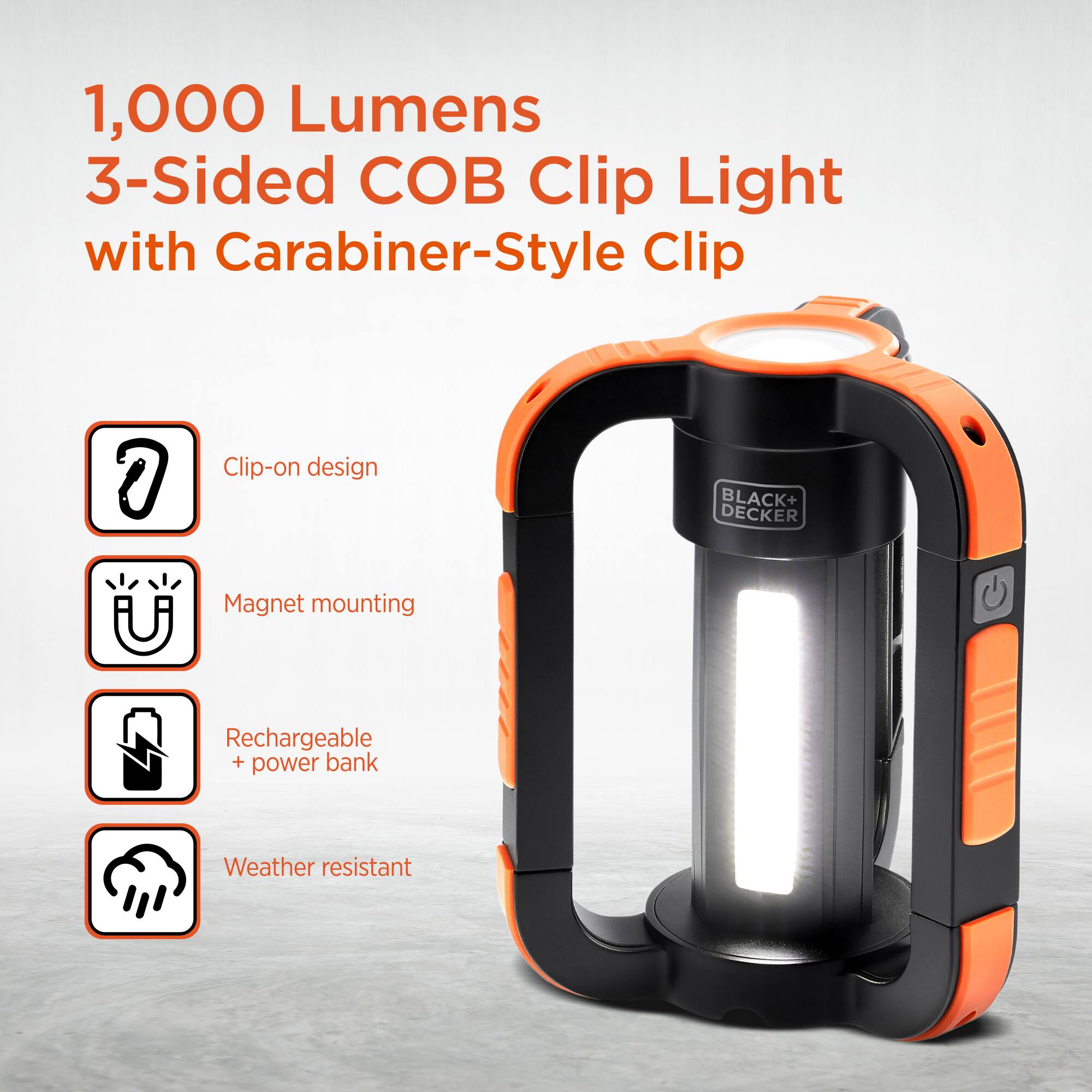1,000 Lumens 3-Sided COB Clip Light with Carabiner-Style Clip

- Clip-on design
- Magnet mounting
- Rechargeable + power bank
- Weather resistant