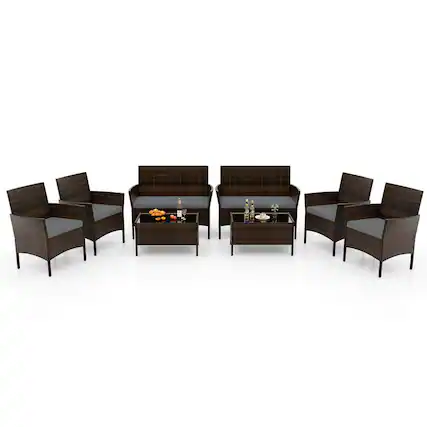 Front. Costway - 8 PCS Patio Furniture Set with Washable Cushions and Tempered Glass Coffee Table - Mix Brown + Grey.