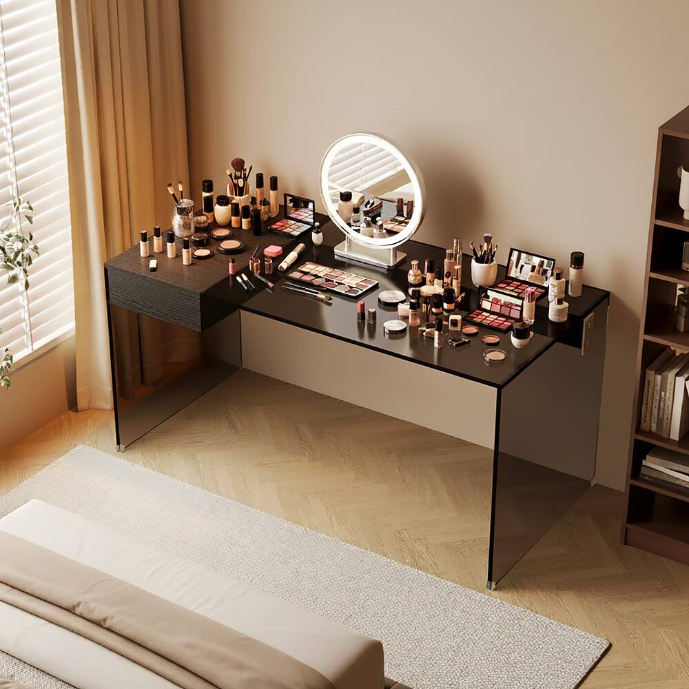 Back. luck idea - 53.14" Tempered Glass Desk with Storage Space, Writing Desk & Makeup Vanity Table - Black Glass.