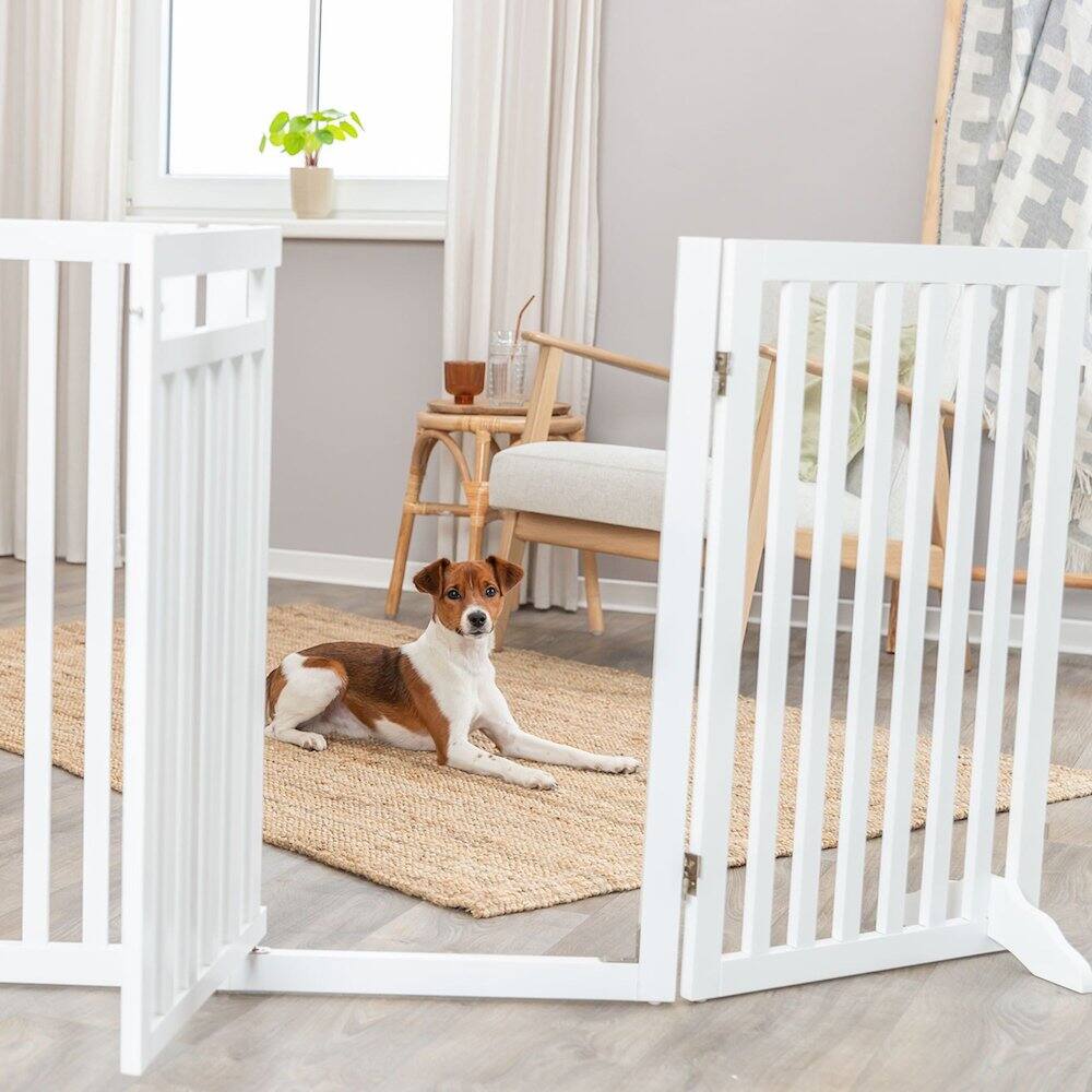 Angle. TRIXIE - 4-Panel Foldable Wood Freestanding Pet Gate, Walk Thru Door, Expands to 80" - White.