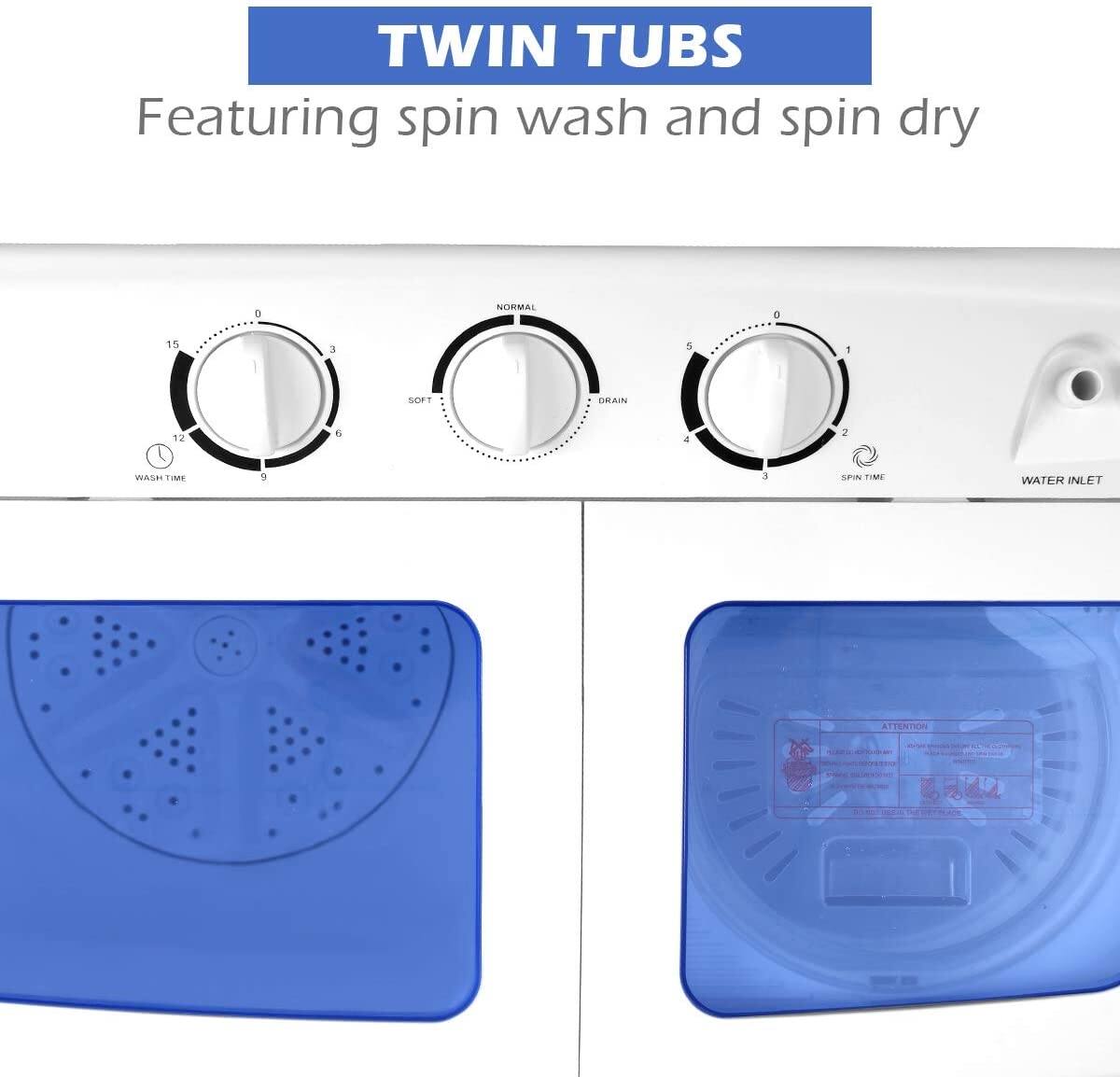 TWIN TUBS
Featuring spin wash and spin dry
3 NORMAL
15 3 5 1 SOFT DRAIN
12 6
2 WASH TIME
9
3 SPIN TIME
WATER INLET
ATTENTION