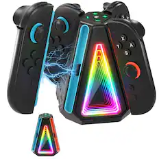 Front. Fosmon - Charging Dock for Nintendo Switch 2 Controller Charger, 4in1 Joy Con Charging Station with USB-C RGB Light Indicator - Black.