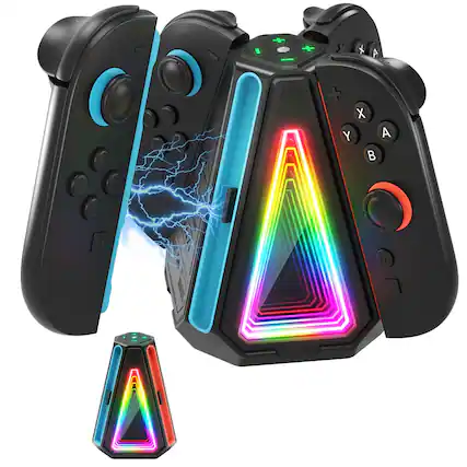 Front. Fosmon - Charging Dock for Nintendo Switch 2 Controller Charger, 4in1 Joy Con Charging Station with USB-C RGB Light Indicator - Black.