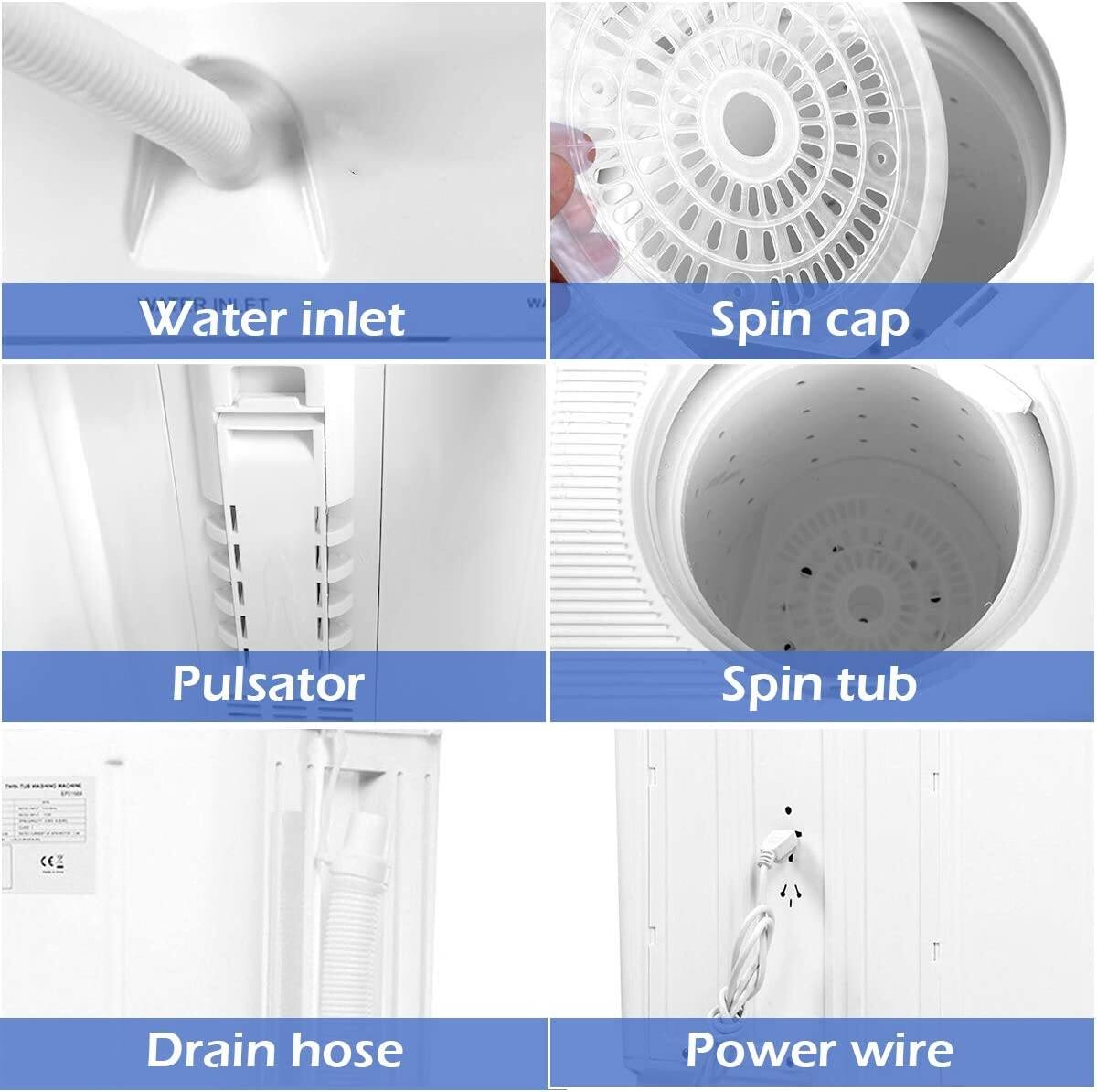 Water inlet, Spin cap, Pulsator, Spin tub, Drain hose, Power wire