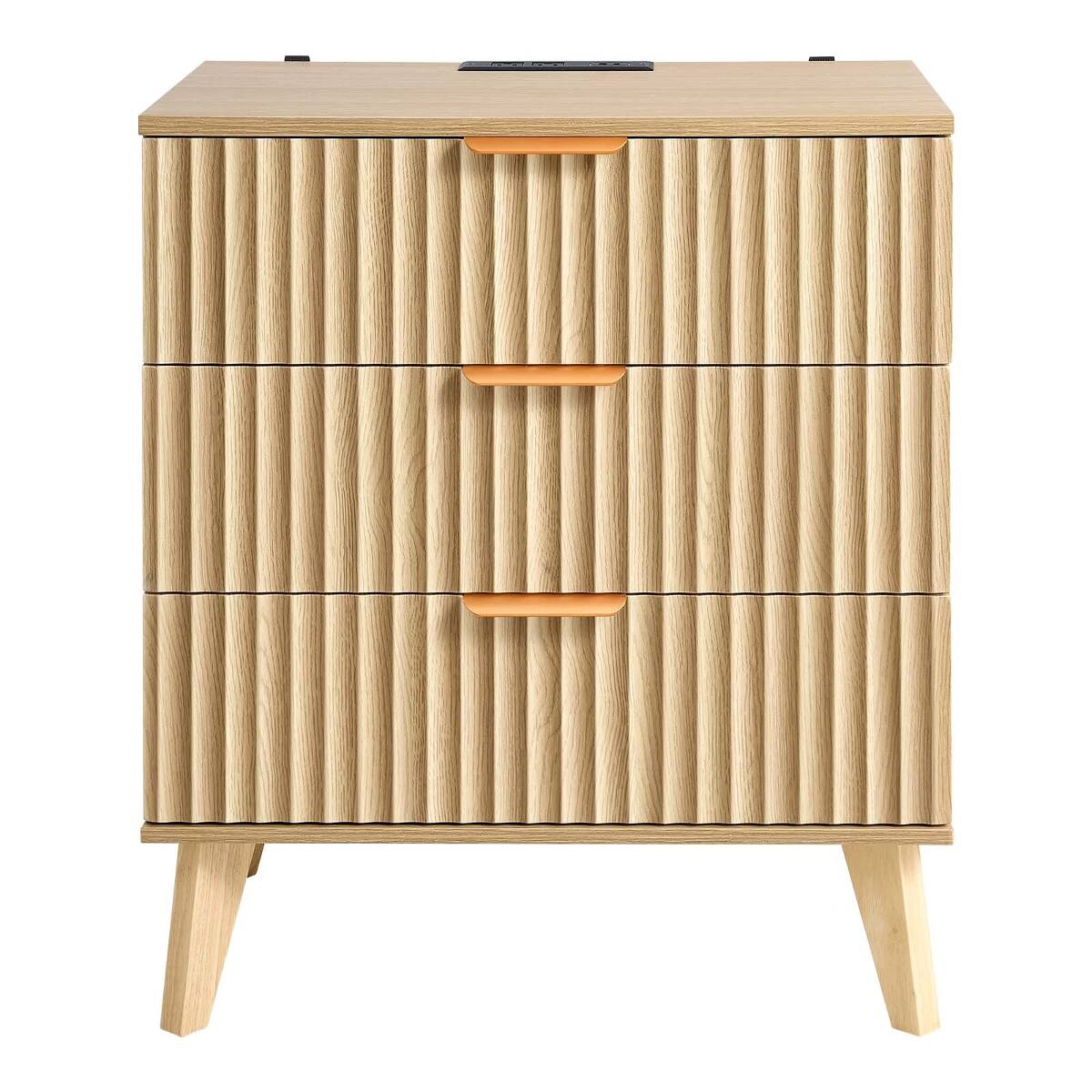 Angle. Loheer - Loheer Fluted Nightstand with Charging Station, Three Drawers and Open Shelf, Khaki - Khaki.