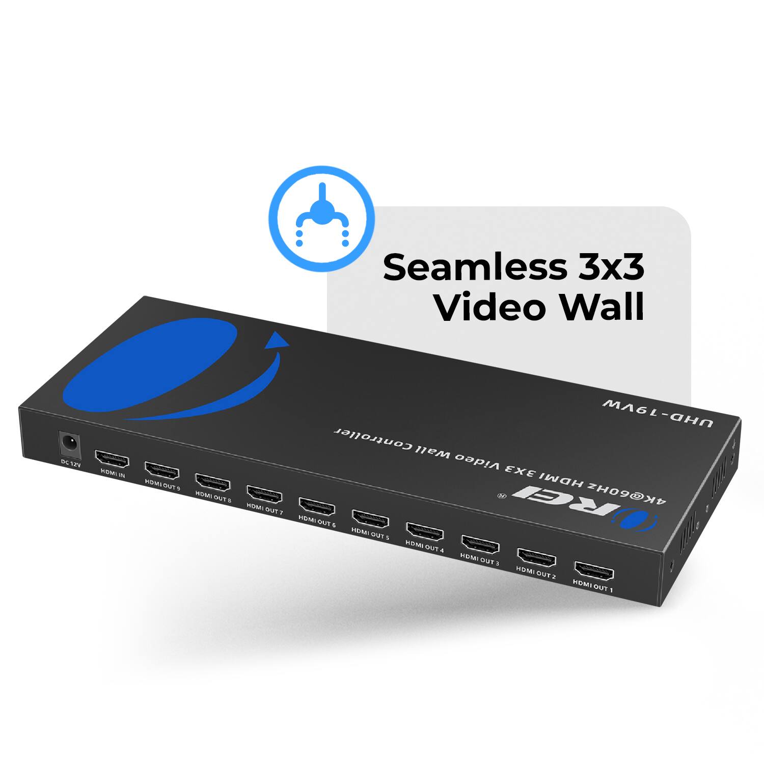 Seamless 3x3 Video Wall - HDMI OUT 1 - HDMI OUT 2 - HDMI OUT 3 - HDMI OUT 4 - HDMI OUT 5 - HDMI OUT 6 - HDMI OUT 7 - HDMI OUT 8 - HDMI IN - DC 12V - MAGL-AHN MA6I Controller Walt Video EXE 3 HDMI 4K@60HZ A HMI ir & HEARI OUT REI & MOMLOUT4 HDMI TAME a STRISA I0AF .