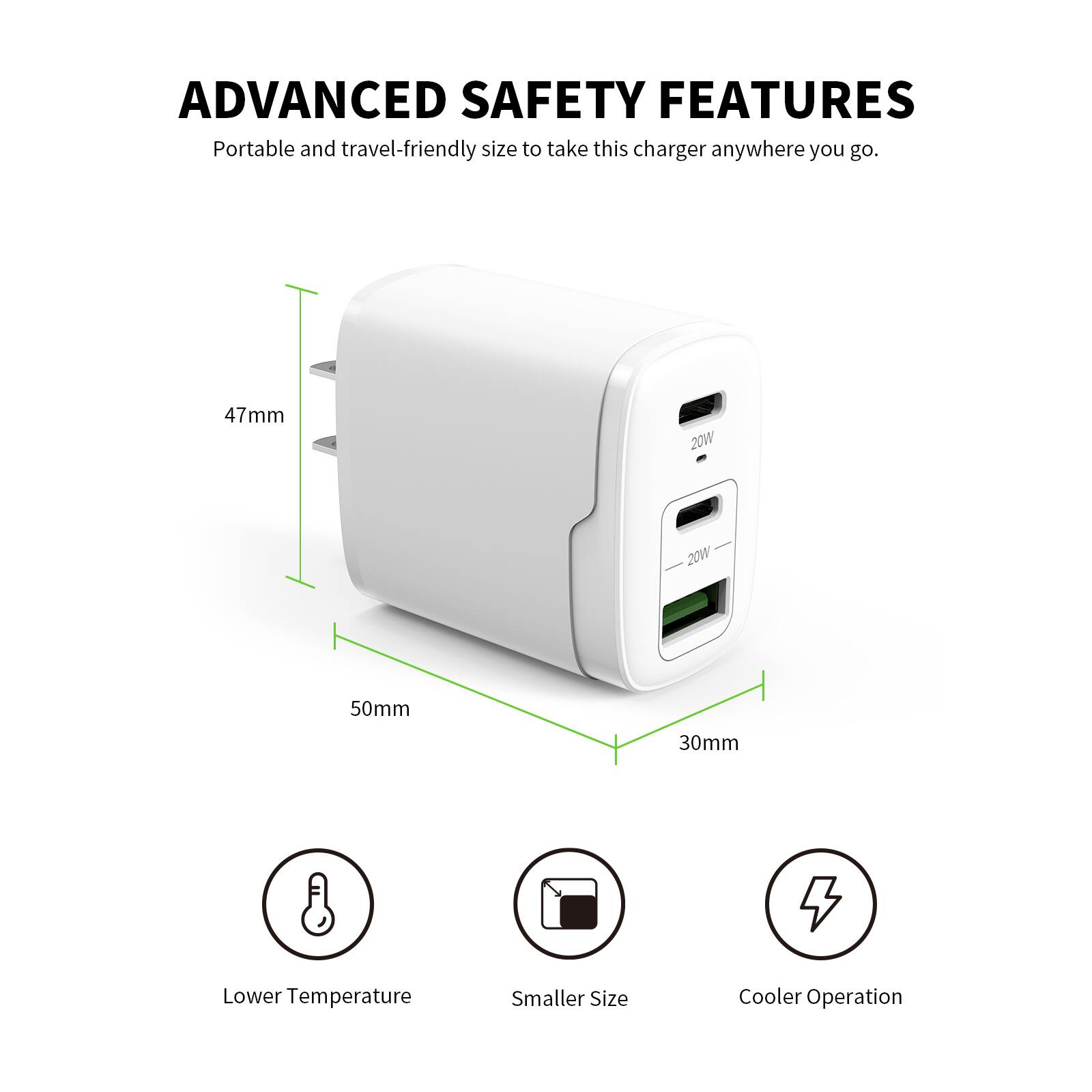 ADVANCED SAFETY FEATURES  
Portable and travel-friendly size to take this charger anywhere you go.  

47mm  
50mm  
30mm  

Lower Temperature  
Smaller Size  
Cooler Operation