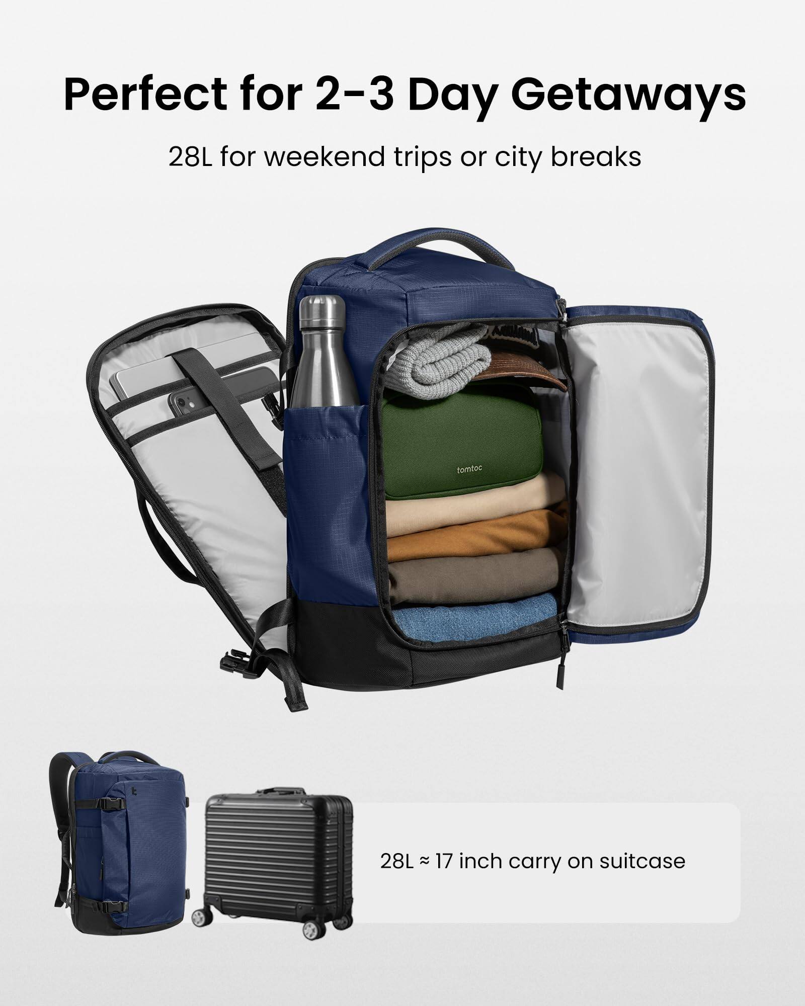 Perfect for 2-3 Day Getaways  
28L for weekend trips or city breaks  

28L ~ 17 inch carry on suitcase