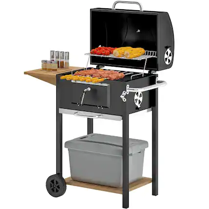 Front. Chateau Abodes - Portable Charcoal Grill with Side Table, Bottom Shelf, Wheels & Handle for Camping & Backyard Picnic - Black.
