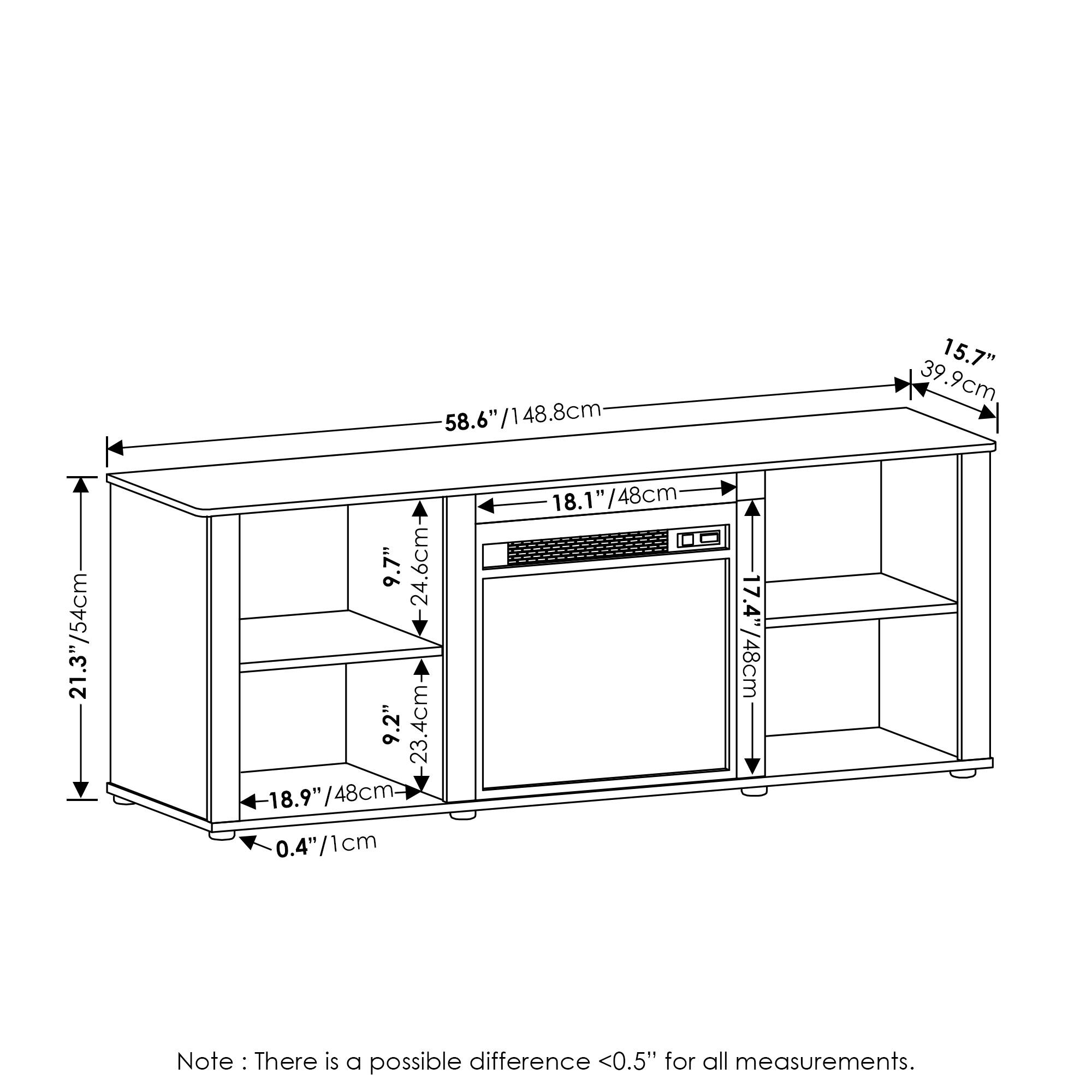 Sure, here is the corrected and grouped text from the image:

- **Width:** 58.6" / 148.8 cm
- **Depth:** 15.7" / 39.9 cm
- **Height:** 21.3" / 54 cm
- **Shelf 1 Height:** 9.7" / 24.6 cm
- **Shelf 2 Height:** 9.2" / 23.4 cm
- **Shelf 3 Height:** 18.9" / 48 cm
- **Shelf 4 Height:** 17.4" / 48 cm
- **Note:** There is a possible difference <0.5" for all measurements.