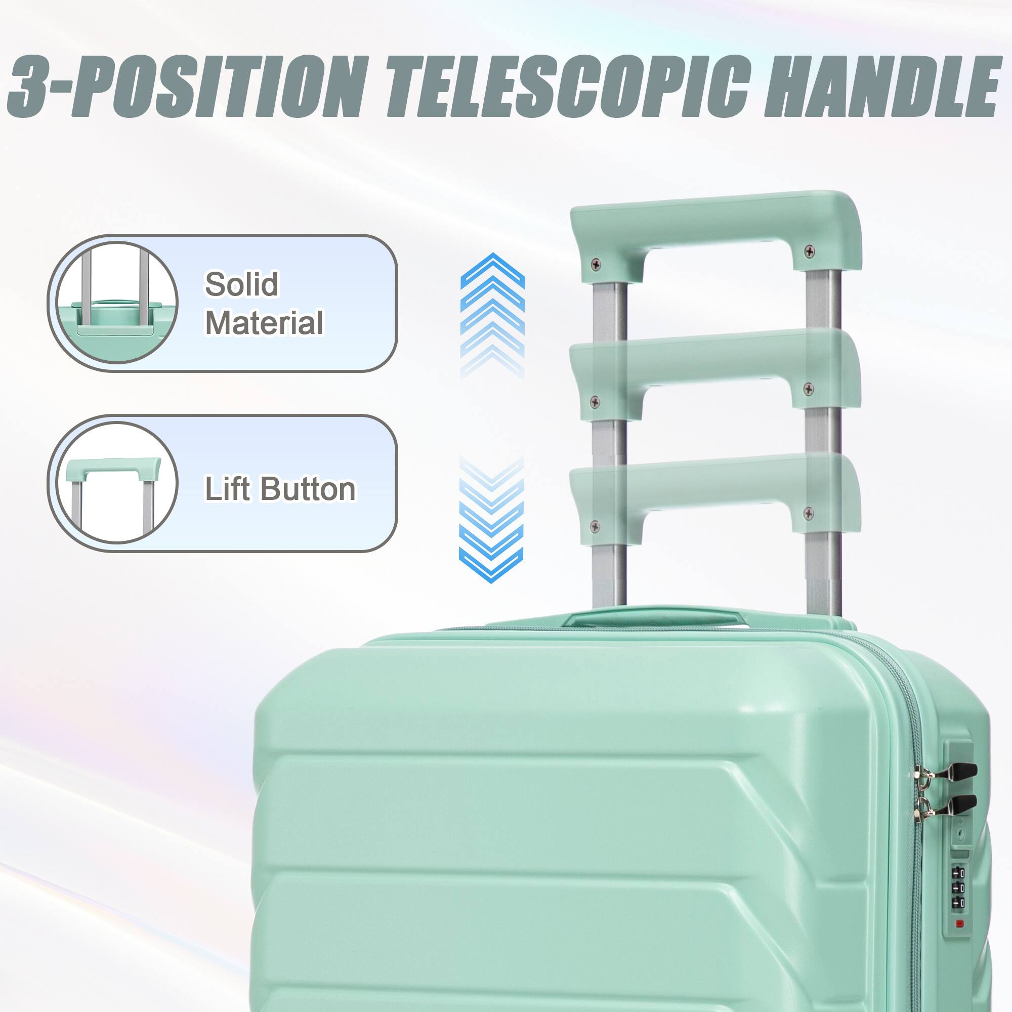 3-POSITION TELESCOPIC HANDLE

- Solid Material
- Lift Button